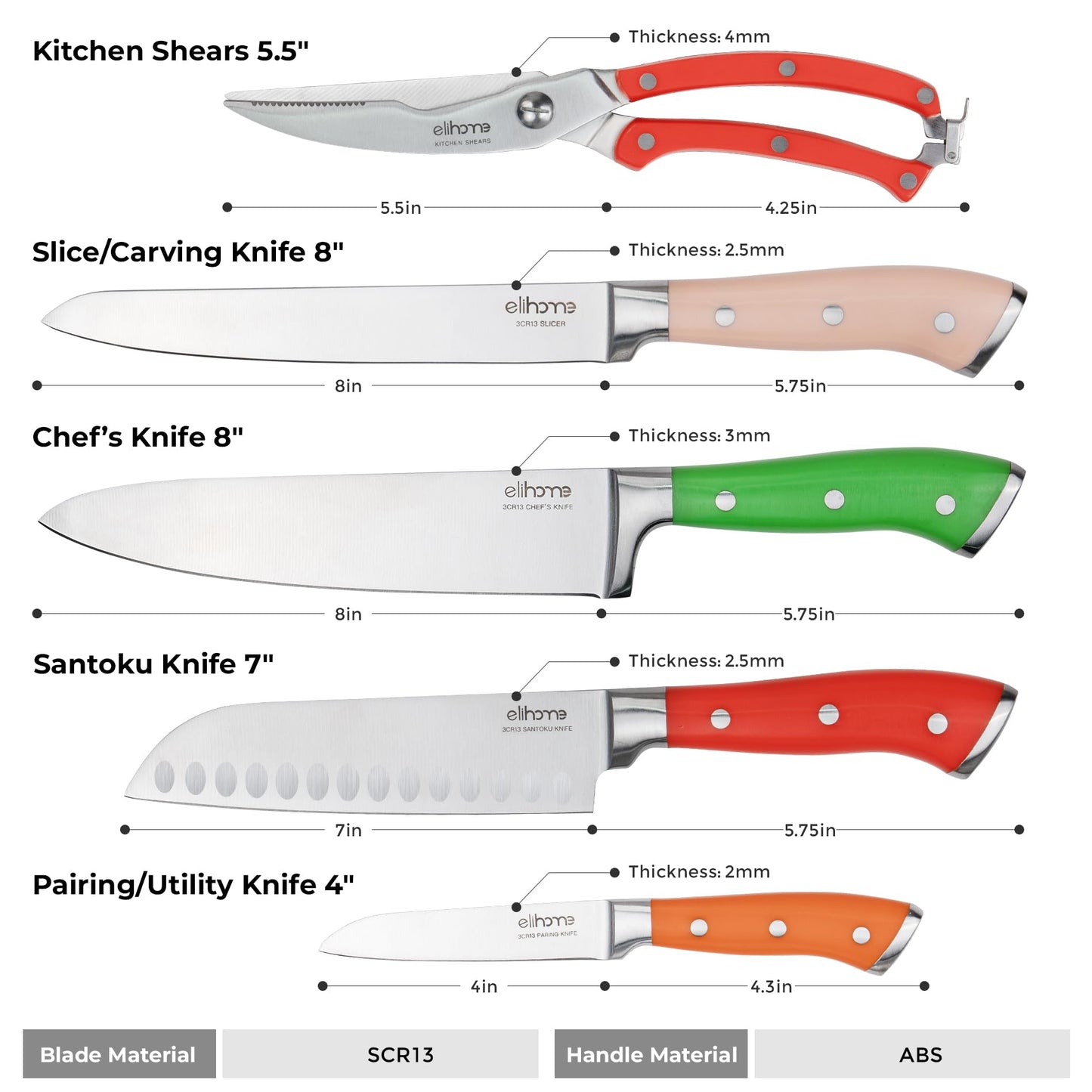 Elihome 4-piece Premium Dishwasher Safe Cutting Board Set with 5-piece Premium Stainless Colorful handle Steel Knife Set
