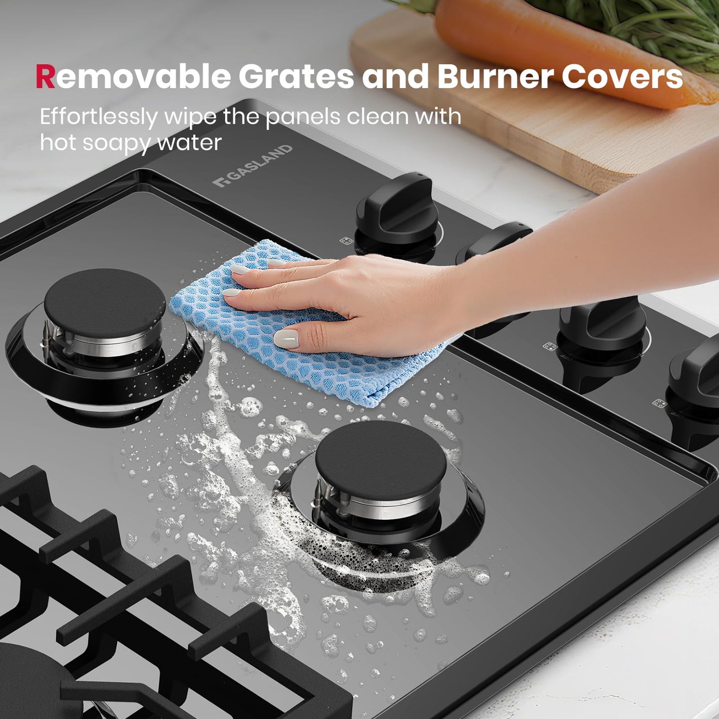GASLAND 30 Inch Gas Cooktop Black, 4 Sabaf Sealed Burner Gas Stovetop, 4 ft Cord Plug, Cast Iron Grates with Metal Knobs, 28,300 BTU NG/LPG Convertible, Thermocouple Protection, CSA Certified