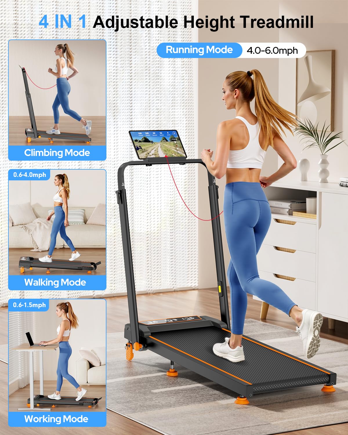 Walking Pad Treadmill with 15% Incline/Adjustable Height, Upgraded 3.5HP Walking Pad with Handle Bar, 4 in 1 Foldable Under Desk Treadmill, Electric Portable Treadmills for Home 350LBS, LED Display