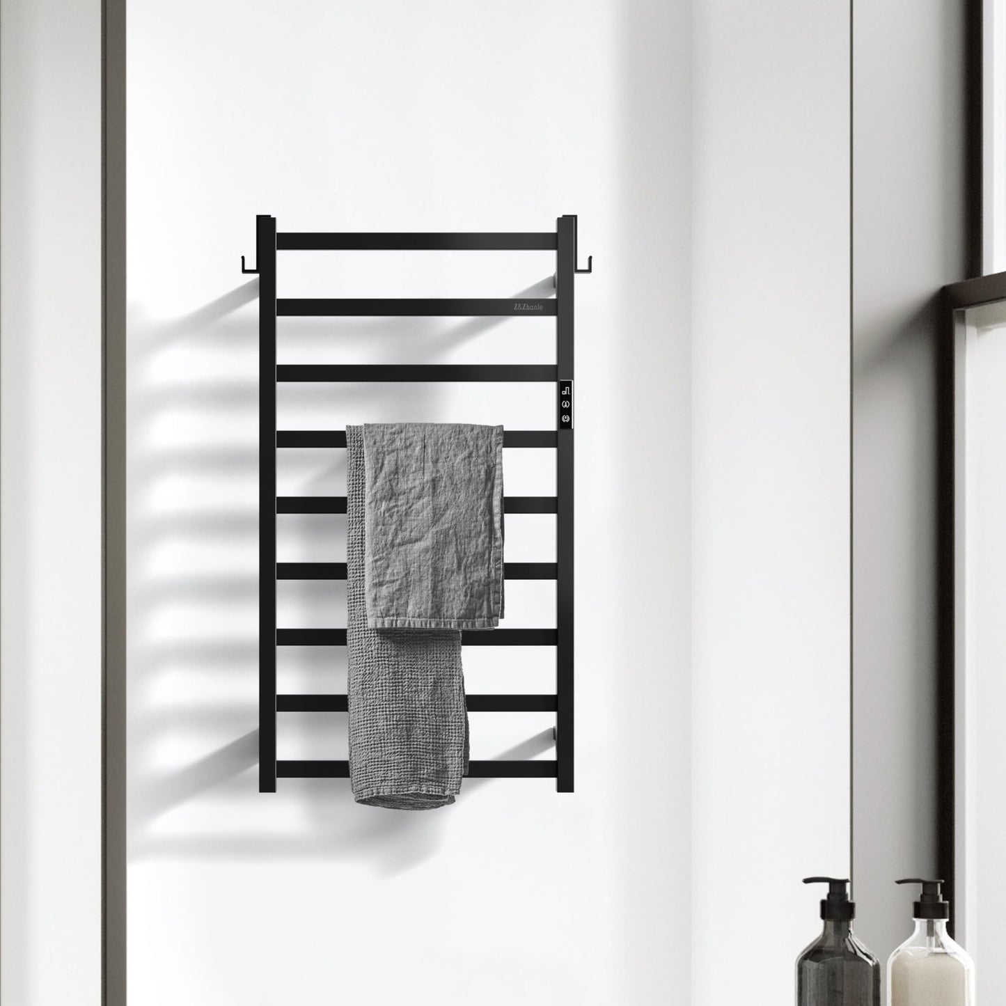 Z&Zhanle Heated Towel Racks for Bathroom, 9-Bar Towel Warmer Rack for Bathroom, Wall Mounted Towel Warmer, Electric Towel Drying Rack with Timer, Carbon Steel Matte Black, Plug-in/Hard-Wired