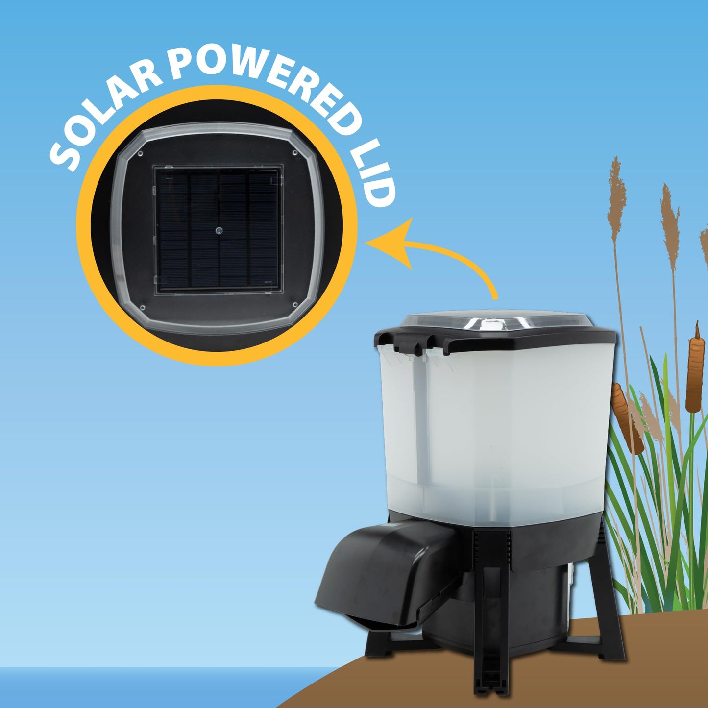 The Pond Guy KoiGrower Automatic Pond Fish Food Dispenser, Solar, Battery & AC Electric Power, Auto Timed Koi Pellet Feeder, 5 Gallon Feed Container