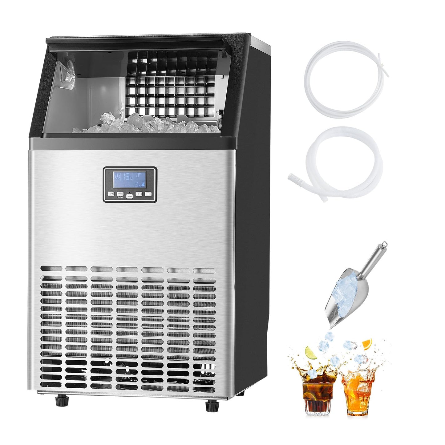 VEVOR 150lb/24h Commercial Ice Maker with 2 Water Inlets 45 Ice Cubes in 15 Minutes 33lb Capacity for Bar Office Restaurant with LED Digital Display and Self-Cleaning