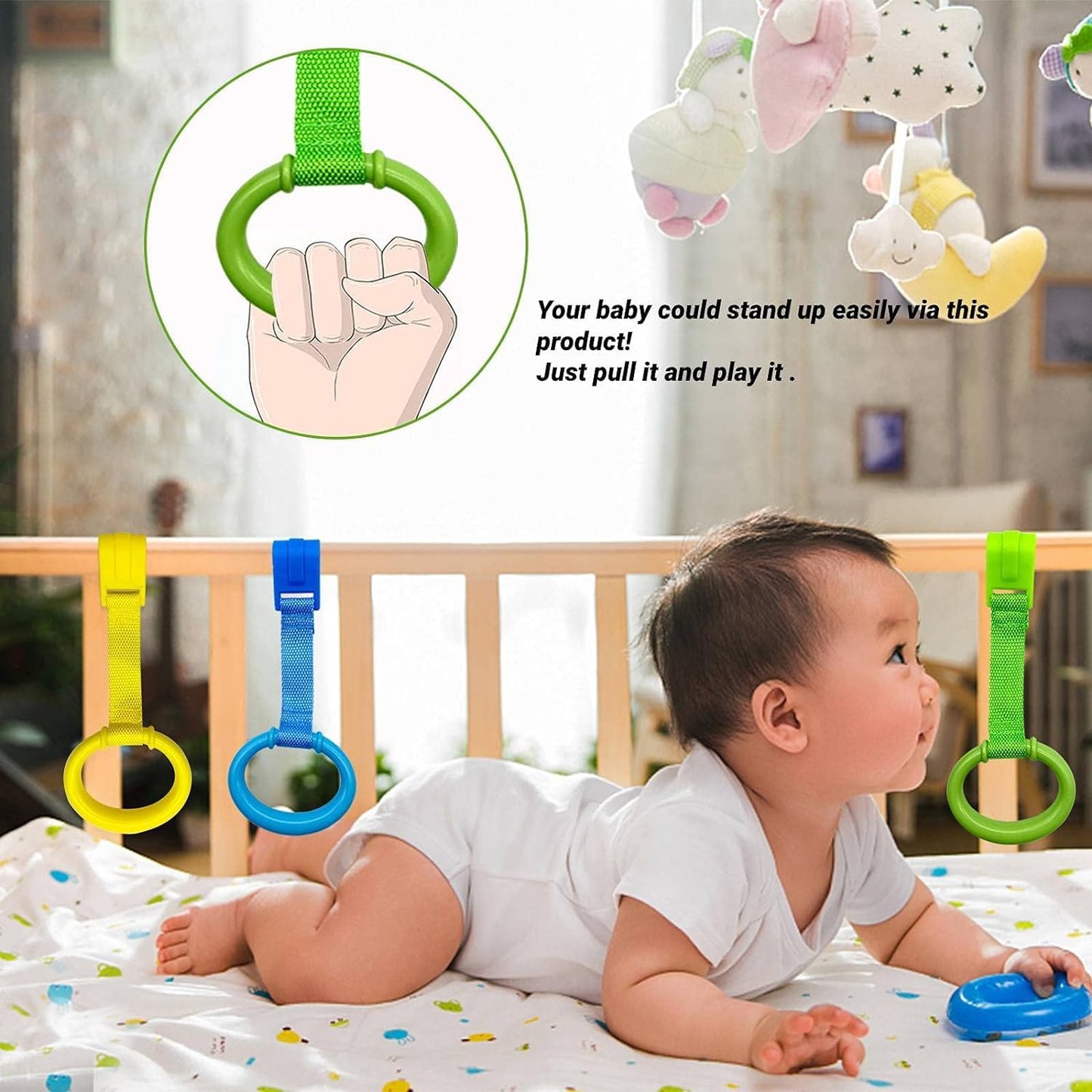 codree 4 Pcs Baby Playpen Pull up Rings- Baby Crib Pull up Rings- Baby Walking Exercises Assistant Rings- Baby Bed Stand Up Rings Baby Cot Hanging Rings for Infant Baby Toddler