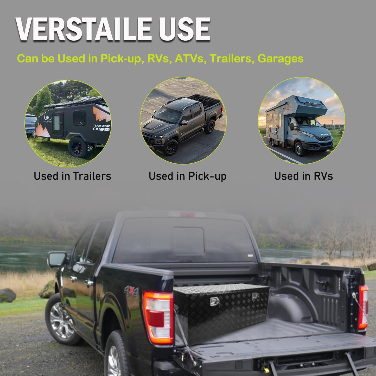 caqeg 48 Inch Heavy Duty Aluminum Stripes Plated Tool Box Pick Up Truck Bed RV Trailer Toolbox Square Storage Organizer with Side Handle, Lock and Keys, Waterproof -48"x 19.5"x 17.5", Black