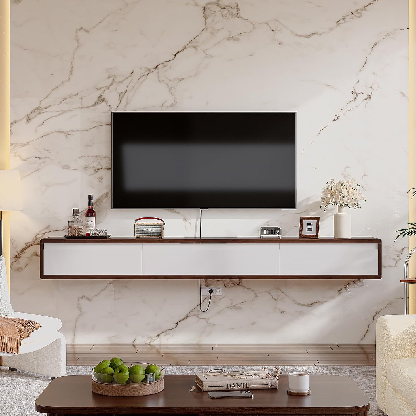 FurniNova Fully Assembled Floating TV Stand,High Gloss Wall Mount TV Console with 3 Doors, Under TV Shelf Entertainment Center for Living Room Bedroom,Walnut+White 47IN