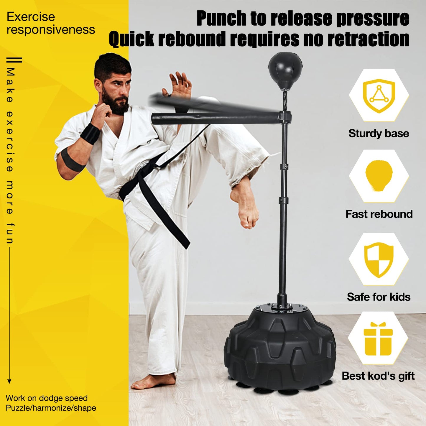 Solid Reflex Bag Boxing Speed Trainer Punching Bag Spinning Bar, Training Boxing Ball with Reflex Bar Free Standing, 45-80in Adjustable Height, for Adult