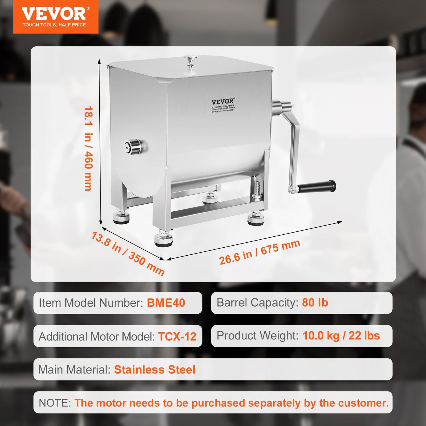 VEVOR Manual Meat Mixer, 80 Pound Capacity Tank Meat Processing Equipment, Stainless Steel Meat Mixer, Sausage Mixer Machine with Lid and Handle, Ground Beef Hand Mixer, Silver