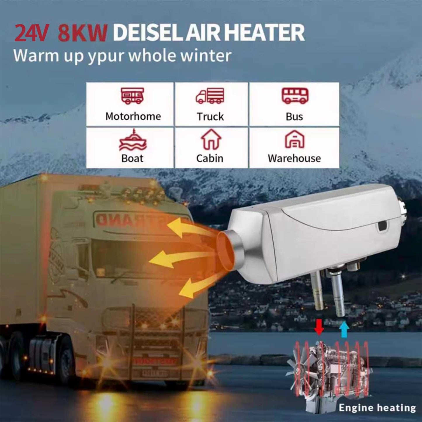 8kW Diesel Heater 24V All-in-One Water -Air Heater with LCD Display,Aviation Plug,Auto Temp Control,for RV Water Tank Heating, Diesel Parking Heater for RVs, Trucks, Ships