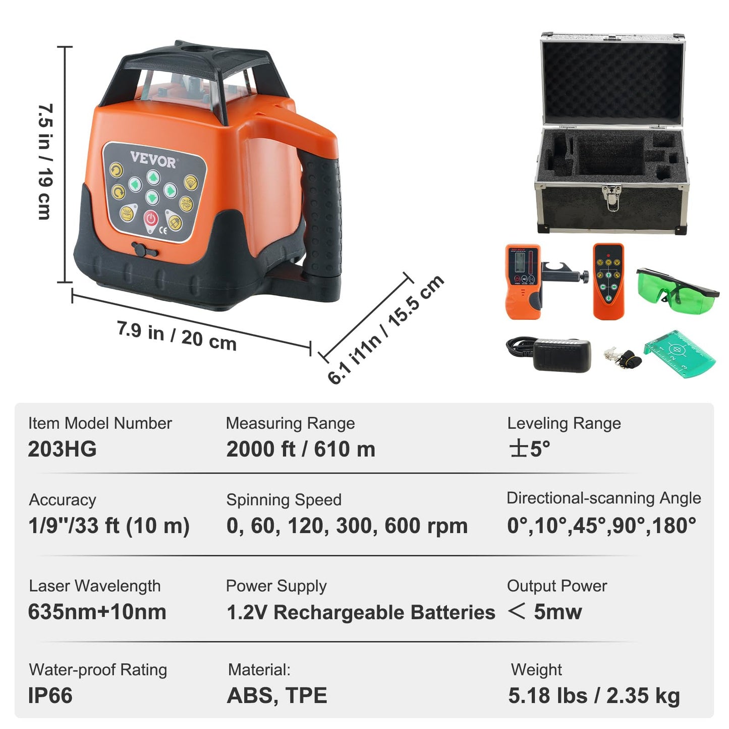 VEVOR Rotary Laser Level 2000ft,360 Degree Self Leveling Green Cross Line Laser,5 Rotation Speeds&4 Scanning Angles Adjustment,IP66 Waterproof Remote Control Manual Self-leveling Mode,Battery Included