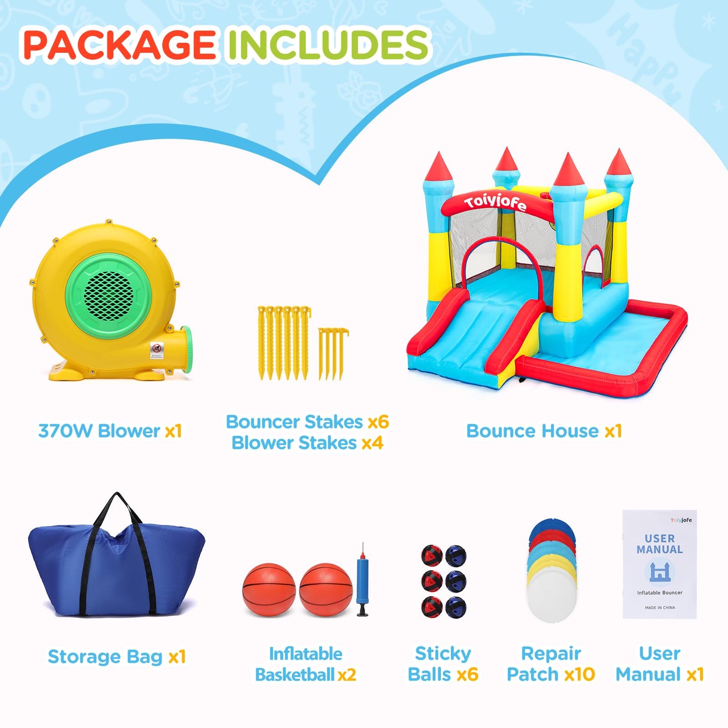 Bounce House for Kids 3-6, with Slide & Ball Pit & Hoop, 5-in-1 Small Indoor Outdoor Inflatable Bouncy Castle, Toddler Jump House for Backyard Family Home Birthday Party, Includes 370W Blower
