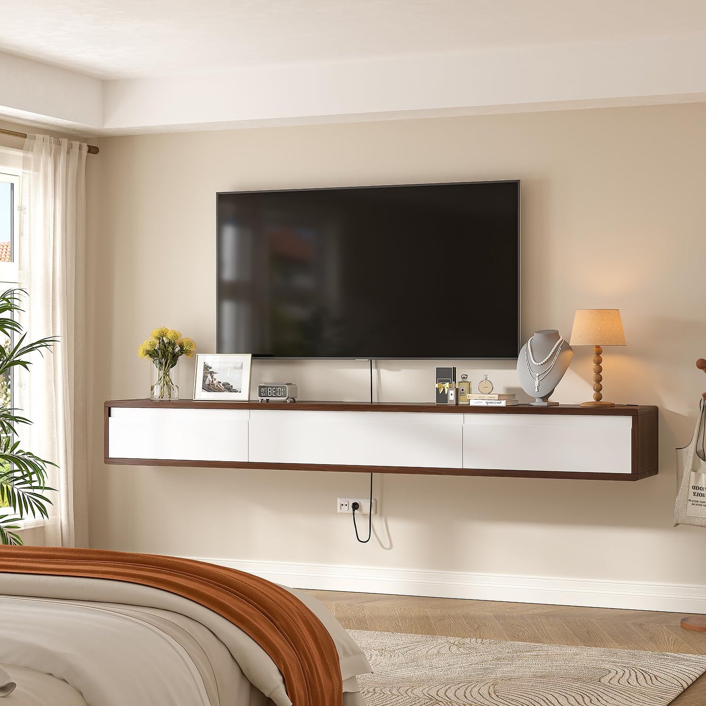 FurniNova Fully Assembled Floating TV Stand,High Gloss Wall Mount TV Console with 3 Doors, Under TV Shelf Entertainment Center for Living Room Bedroom,Walnut+White 47IN