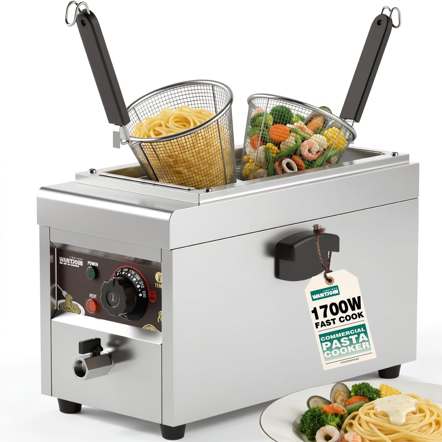 WantJoin Commercial Pasta Cooker - Electric Pasta Cooker with 2 Noodle Strainers, Precision Temp Control 86°F to 230°F, Cooking Machine w/Drain Valve for Spaghetti Ramen, Noodles and Vegetables