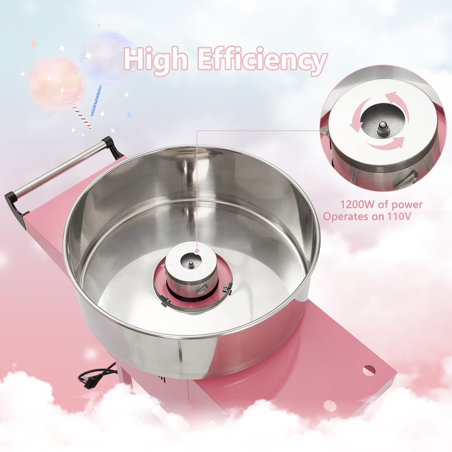 Garvee Extra Large Cotton Candy Cart - Commercial Cotton Candy Machine,Electric Cotton Candy Floss Maker with Drawer, 20 in Stainless Steel Bowl Perfect for Commercial Use Home Party Carnival