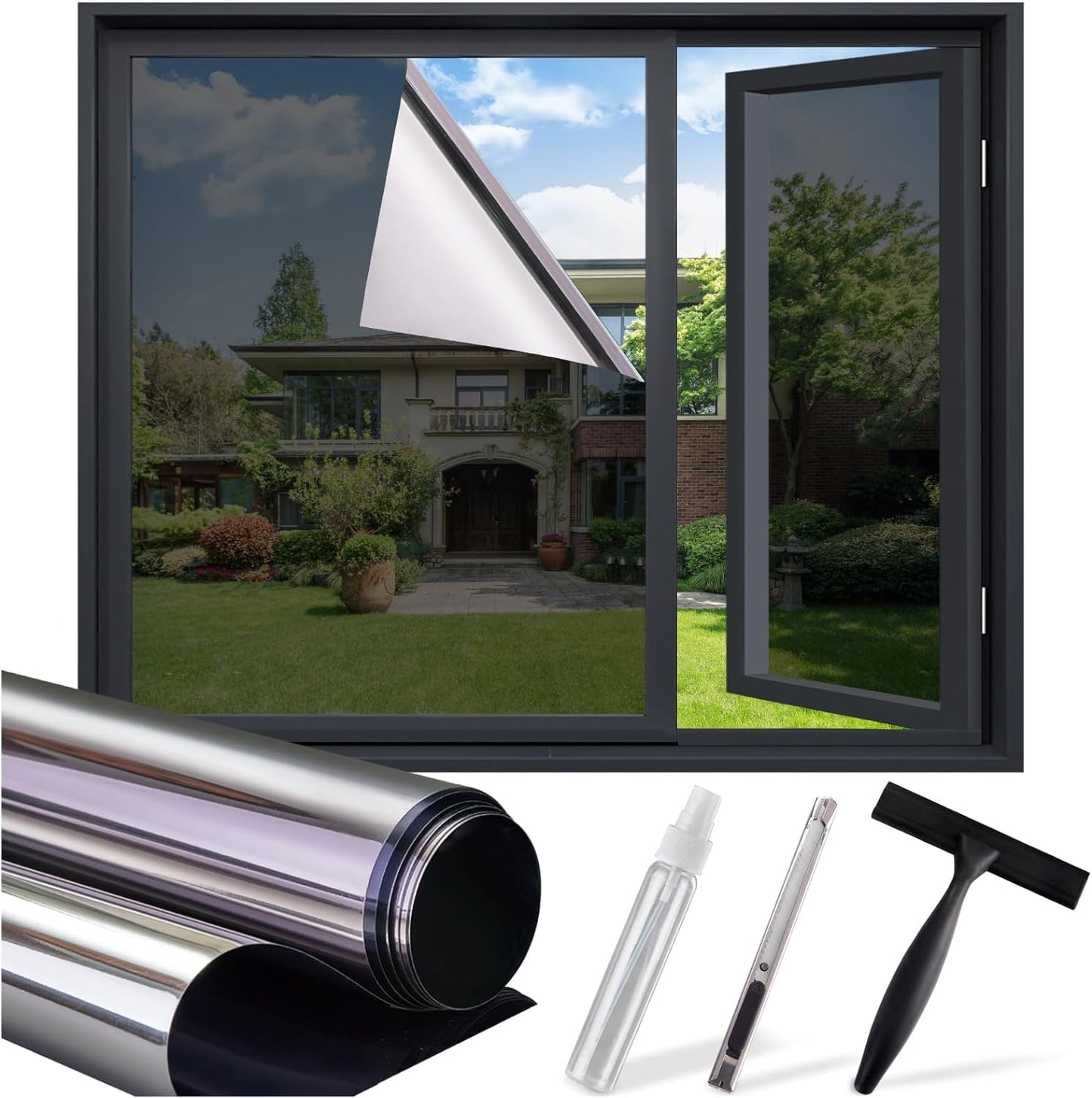 SUNBABY Window Tint for Home, One Way Privacy Film Heat & UV Blocking, Static Cling No Glue Renter Friendly Cover for Home Bedroom, Office & Sliding Glass Door, 45 x 157.5 Inch with 3 Tools, Black