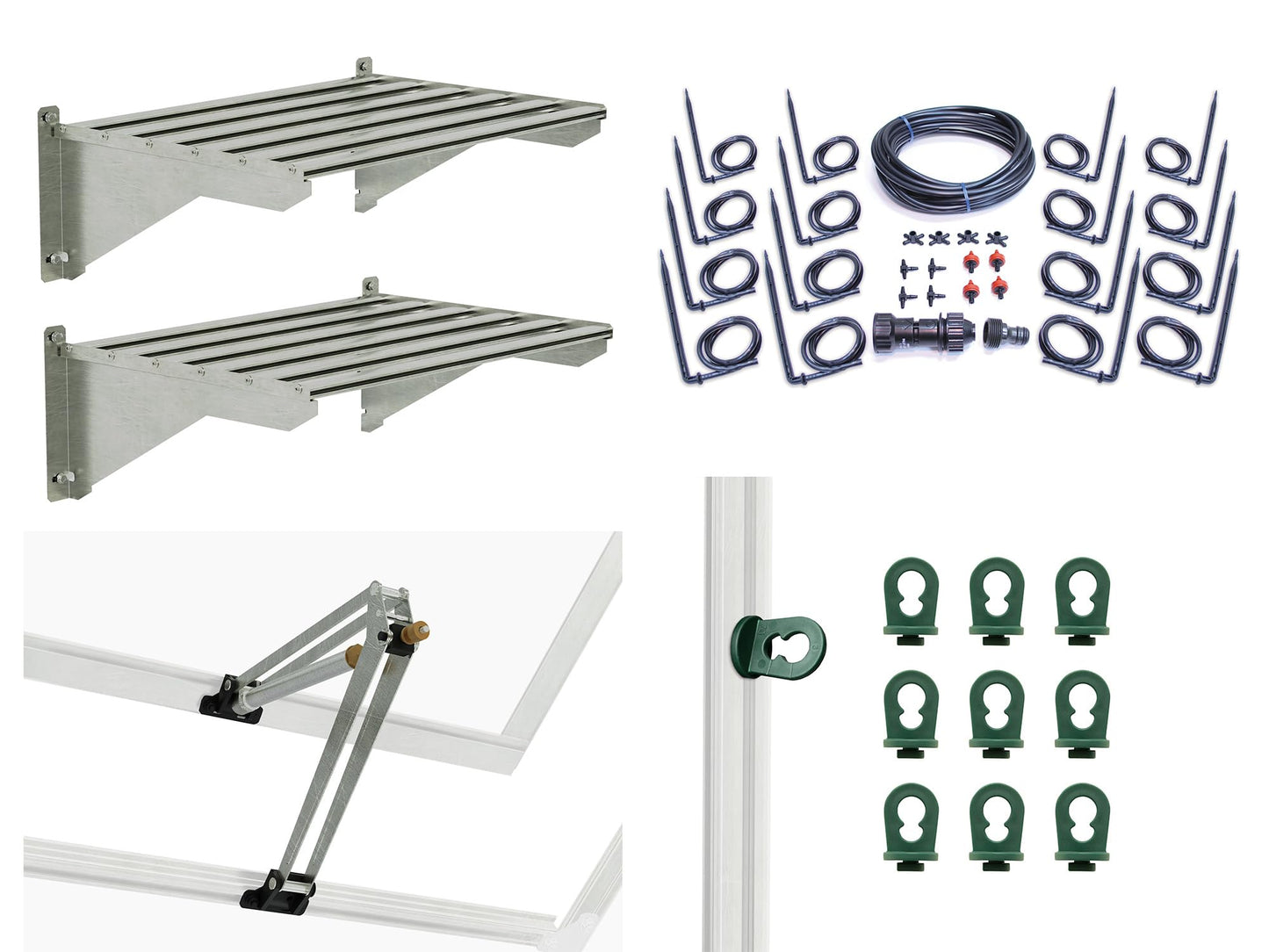 Palram - Canopia Greenhouse Accessories Bundle Kit with Heavy Duty Aluminum Shelves, Drip Irrigation Lines, Automatic Vent Opener to Control Temperature and Plant Hangers for Vines and Hanging Baskets