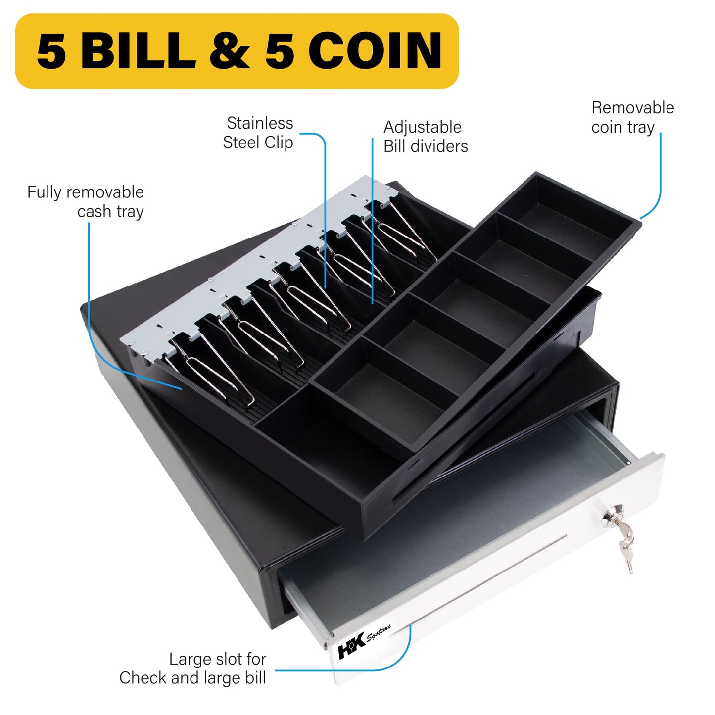 HK SYSTEMS 16" POS Cash Drawer Stainless Steel Front, Ball bearing slide, Heavy Duty POS with Removable Tray 5Bill/5Coin