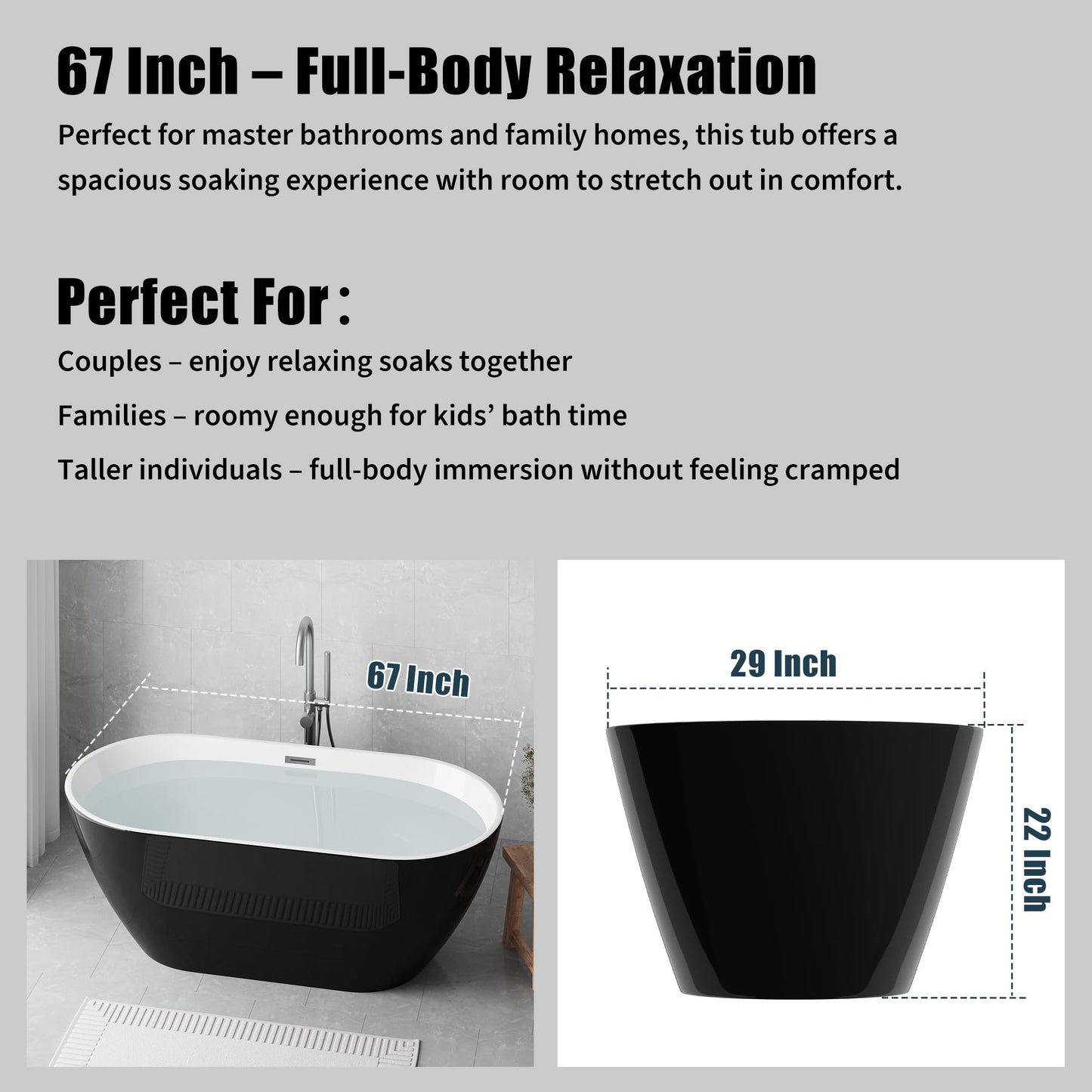Luxury Freestanding Bathtub 67 Inch – Extra Large Acrylic Free Standing Soaking Tub with Integrated Overflow & Chrome Drain, Black & White Stand Alone Bathtub for Modern Bathroom