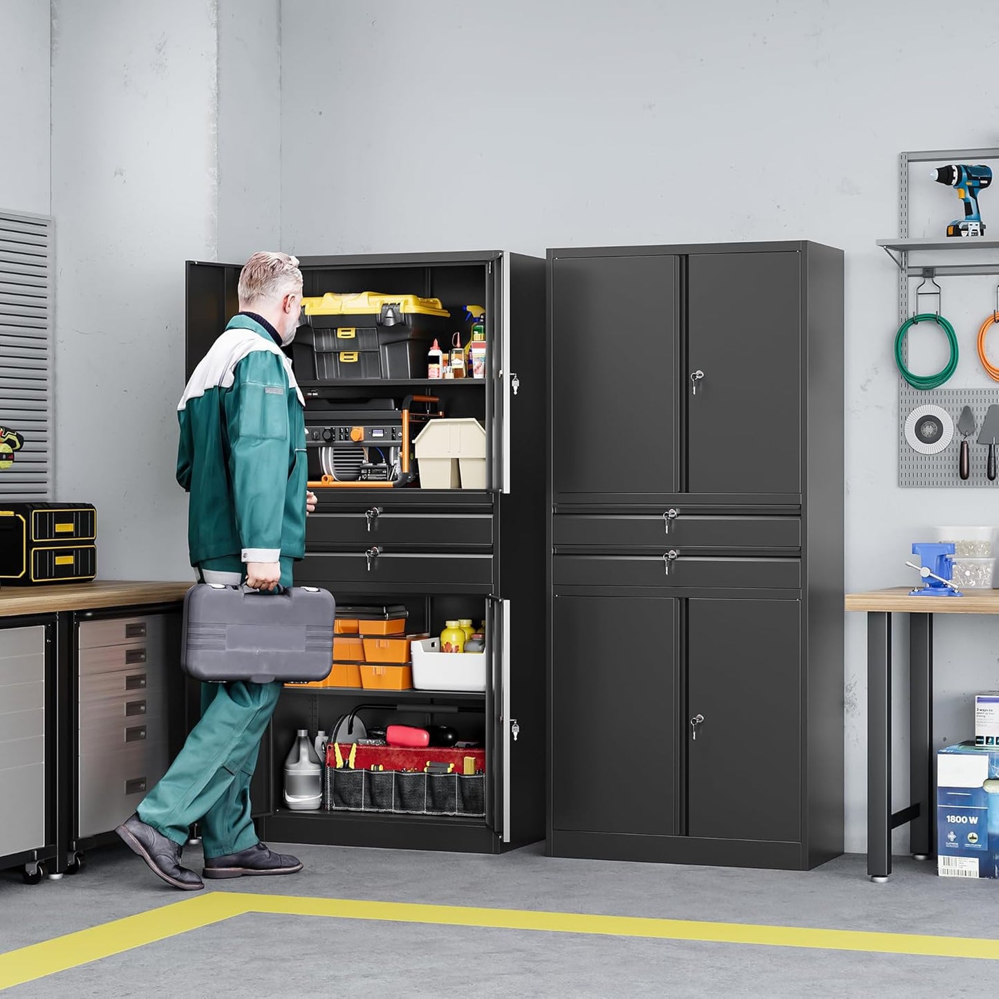 Letaya Metal Garage Storage Cabinet,71" Heavy Duty Steel Tool Cabinet with 4 Door Lock-Adjustable Shelves and 2 Drawer for Garage Home Office Utility Room (Black)