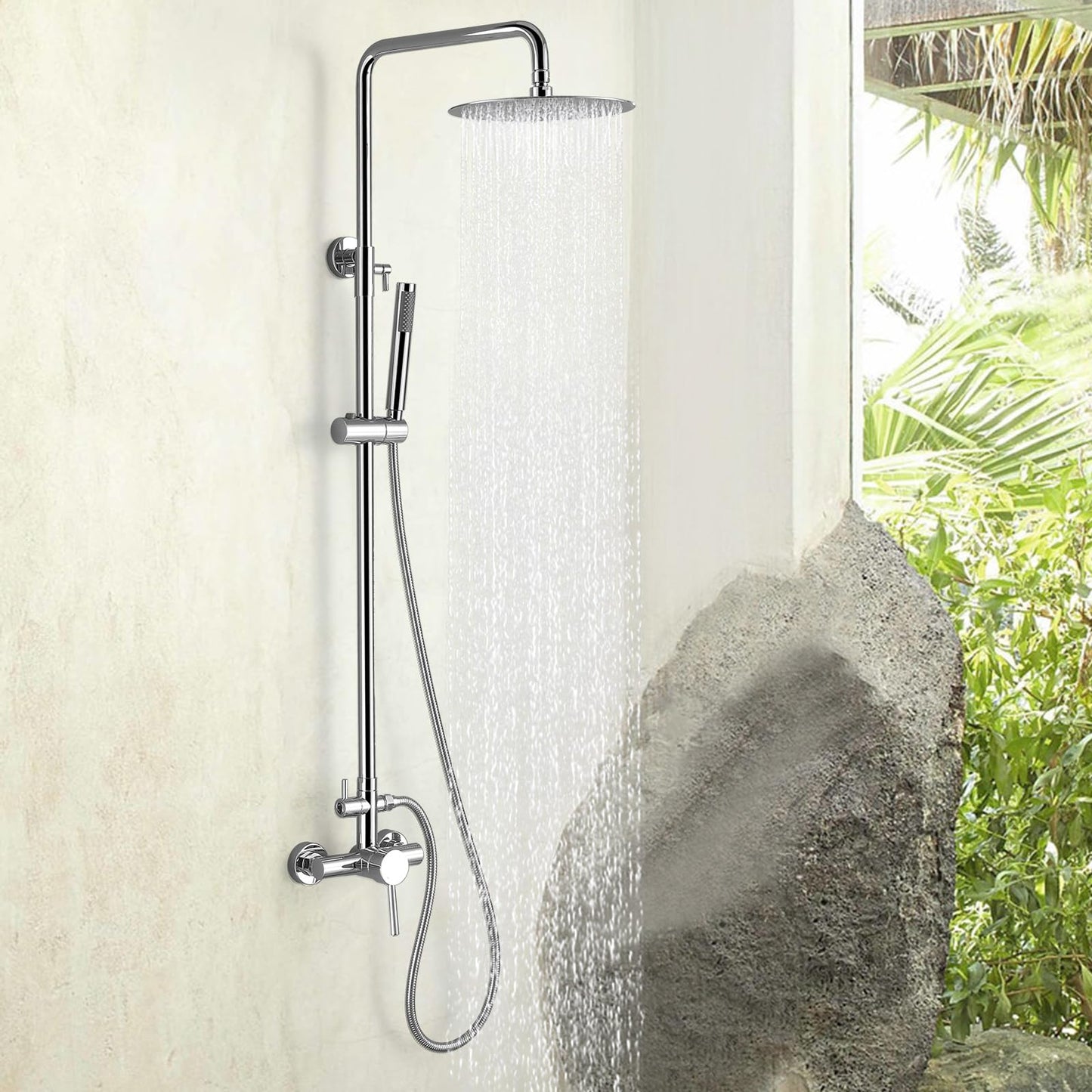 RBROHANT Outdoor Shower, Wall Mount Outdoor Shower Kit, Outside Shower Faucet with Height Adjustable Rain Shower and Handheld, Exposed Shower System for Pool, Wall Mounted, Polished Chrome, JK0146