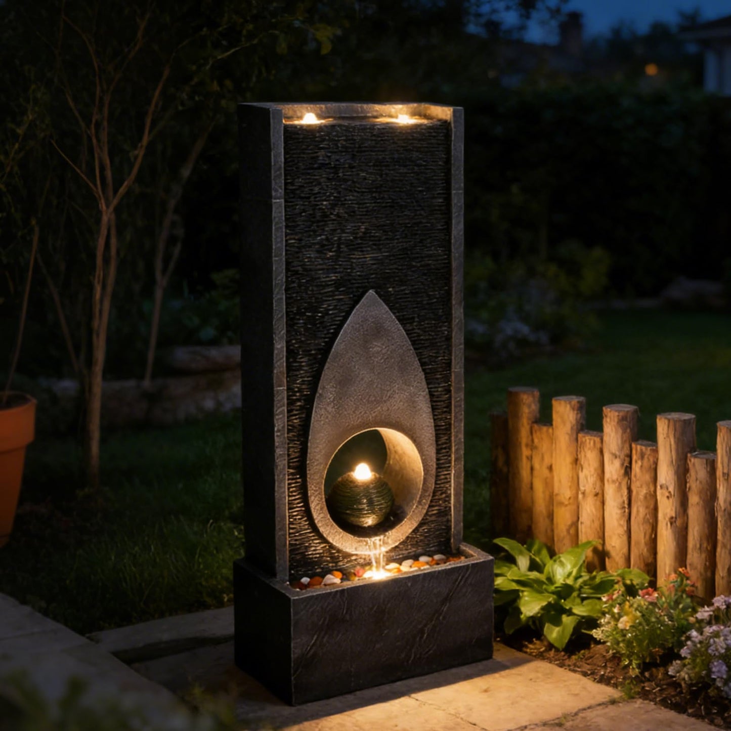 Pivotify 46.5’’Tall Modern Water Fountain Indoor Outdoor Waterfall Feature Floor Standing with Sphere and LED Lights for Garden, Yard, Patio, Deck, Porch, Livingroom Decor