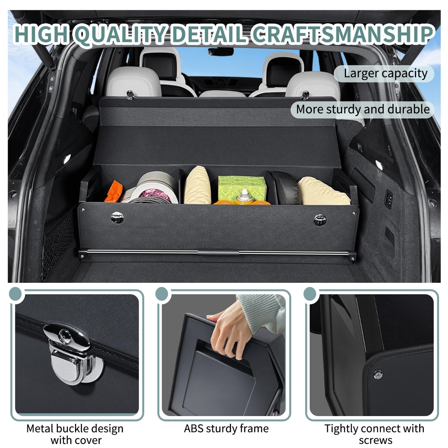 XCF Car Trunk Organizer, Leather Trunk Organizer for Suv with Lid and Push-pull Handle Car Trunk Leather Storage Box Extra Large Cargo Storage (Black, 41.3 x 11.4 x 12.2in)