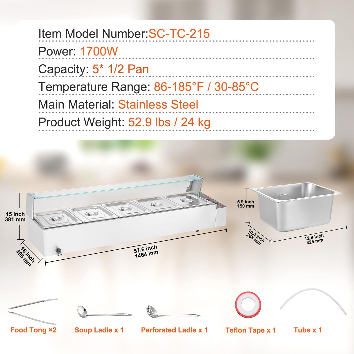 VEVOR 5-Pan Commercial Food Warmer, 5 x 12QT Electric Steam Table with Glass Cover, 1700W Countertop Stainless Steel Buffet Bain Marie 86-185°F Temp Control for Catering, Restaurants, Silver