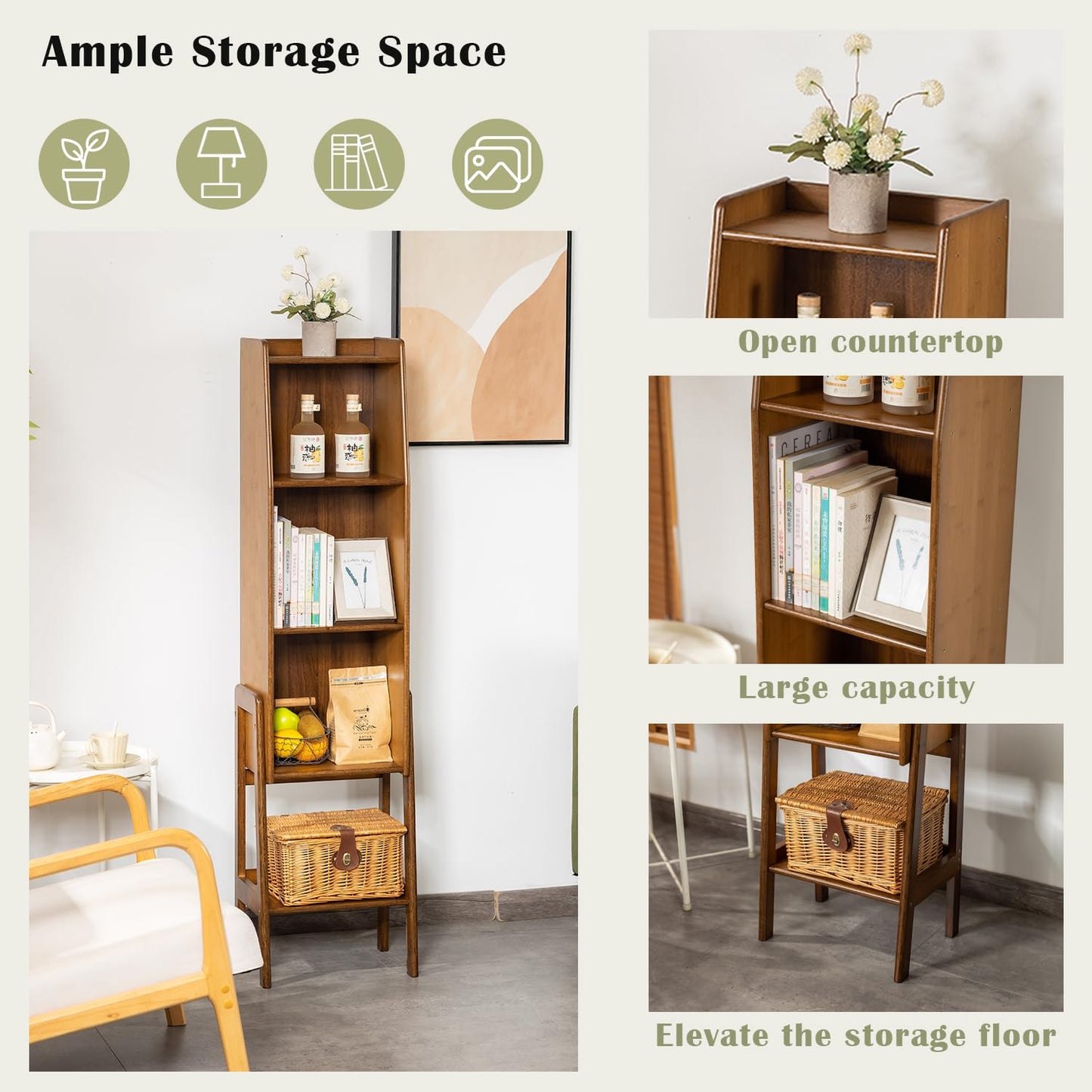 SOBIBO 4 Tier Bamboo Bookcase, Classical Modern Bookshelf, Dispaly Shelves, Bamboo Wood Organizer Book Shelf for Living Room Home Office-Walnut, Large