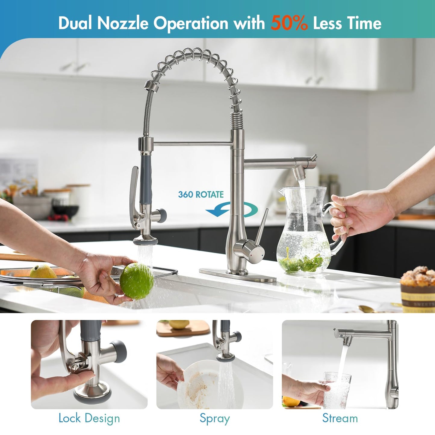 GIMILI Kitchen Faucet with Pull Down Sprayer Single Handle High Pressure Brushed Nickel Kitchen Sink Faucet Commercial Double-Headed Stainless Steel Kitchen Faucets Sink with Deck Plate