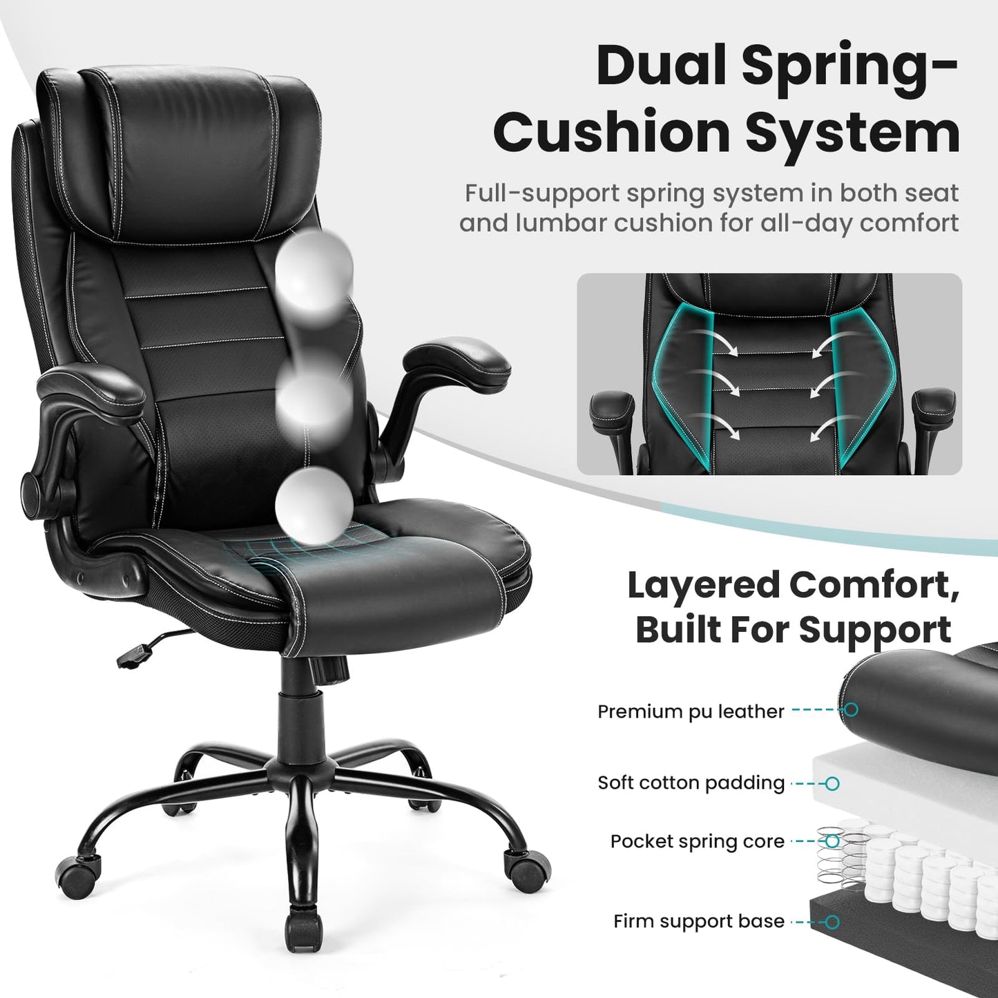 Big and Tall Executive Office Chair 400lbs for Heavy People, Ergonomic Computer Desk Chair with Lumbar Support & Adjustable Headrest, Comfy High Back Leather Office Chairs for Back Pain Relief, Black