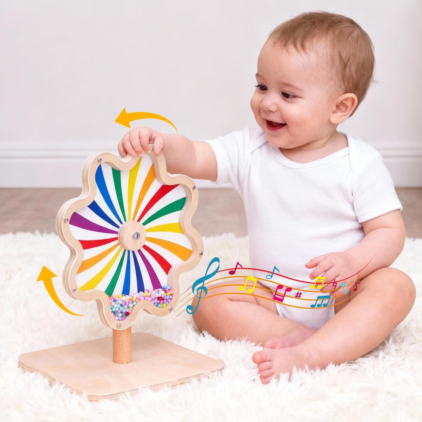 Aiwanture Spinning Activity Drum Toy with Sound, Montessori Wooden Sensory Toy for Babies, Perfect Birthday & Party Gift for 6-18 Months+