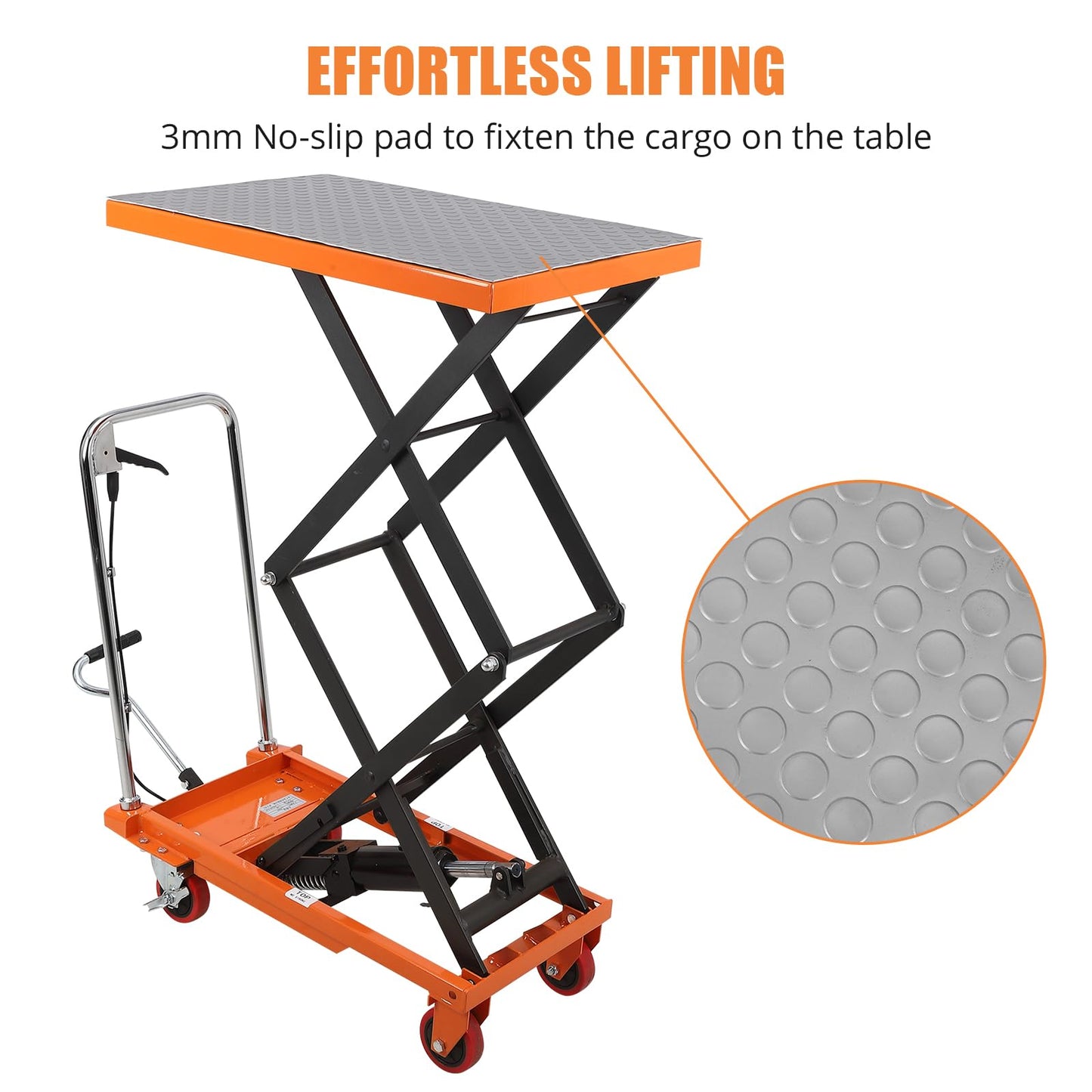 EliteEdge Double Scissor Hydraulic Lift Table Cart - 330 Lbs Capacity, 50" Height, Manual Elevating, 4 Wheels, Non-Slip Pad, Orange - Effortless Lifting, Wide Application, Easy Mobility