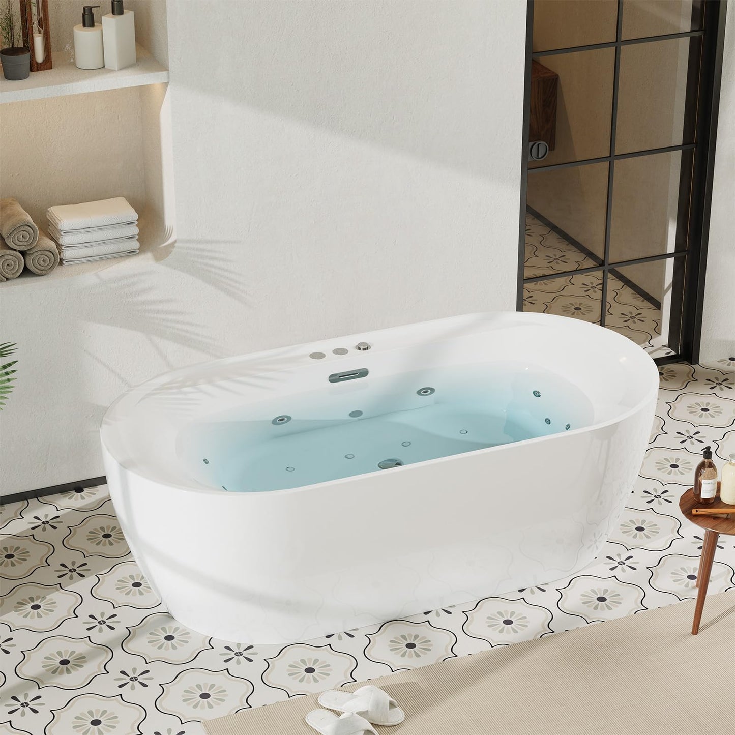 71 Inch Freestanding Acrylic Bathtub Soaking Tub with Adjustable Jets for Tub, Deep Ergonomic Bathtub, Water Jetted Air Bubble and Heated Combination Tub Bathtubs, CUPC Certified, Matte Drain, Gloss