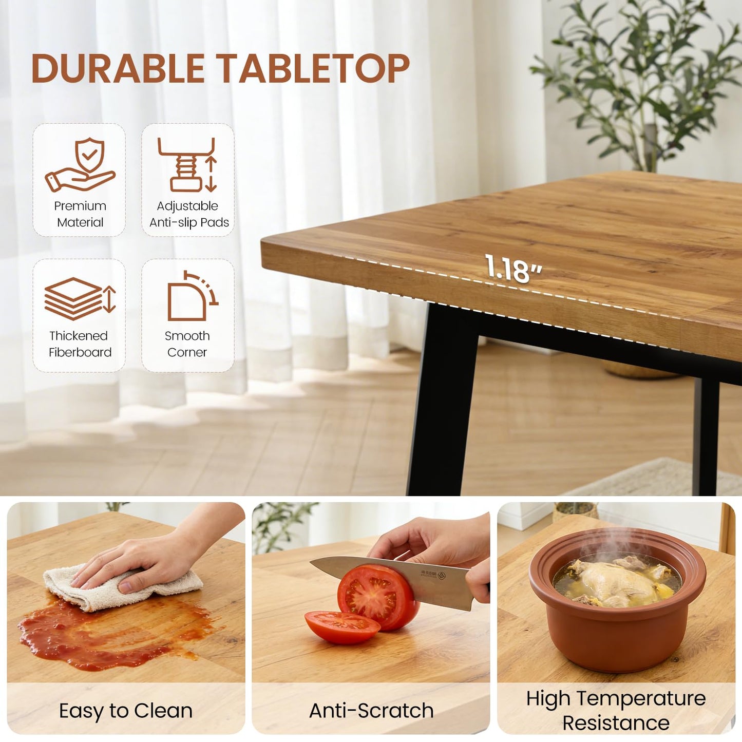 Extendable Dining Table Set for 6 to 8 People, 63" to 78.7" Modern Kitchen Table Set with 6 Chairs, MDF Dining Room Table and Chairs with Removable Extension Leaf (Walnut Table+U-Shaped Brown Chairs)