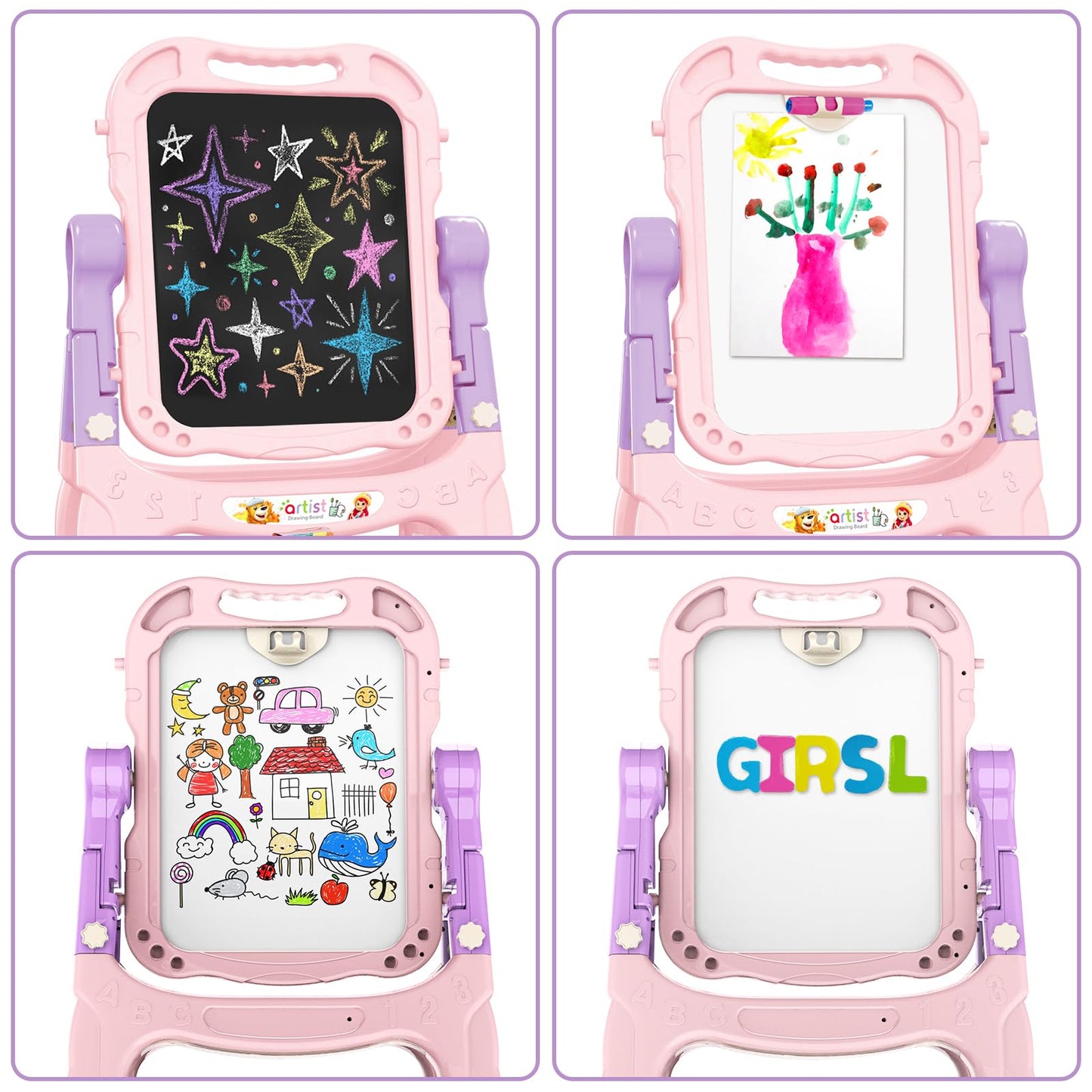 Kids Art Easel, Adjustable Drawing Whiteboard & Chalk Board, Double Sided Toddler Easel with Painting Accessories, Birthday Gift Toy for Little Girls Boy Age 2 3 4 5 (Pink)