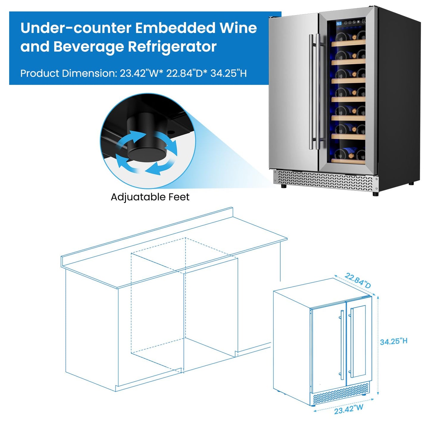 Vushine Wine and Beverage Refrigerator, 24’’ Daul Zone Wine Fridge, Freestanding Under Counter Refrigerator, Stainless Steel Beverage Cooler with Adjustable Shelves, Holds 21 Bottles and 88 Cans