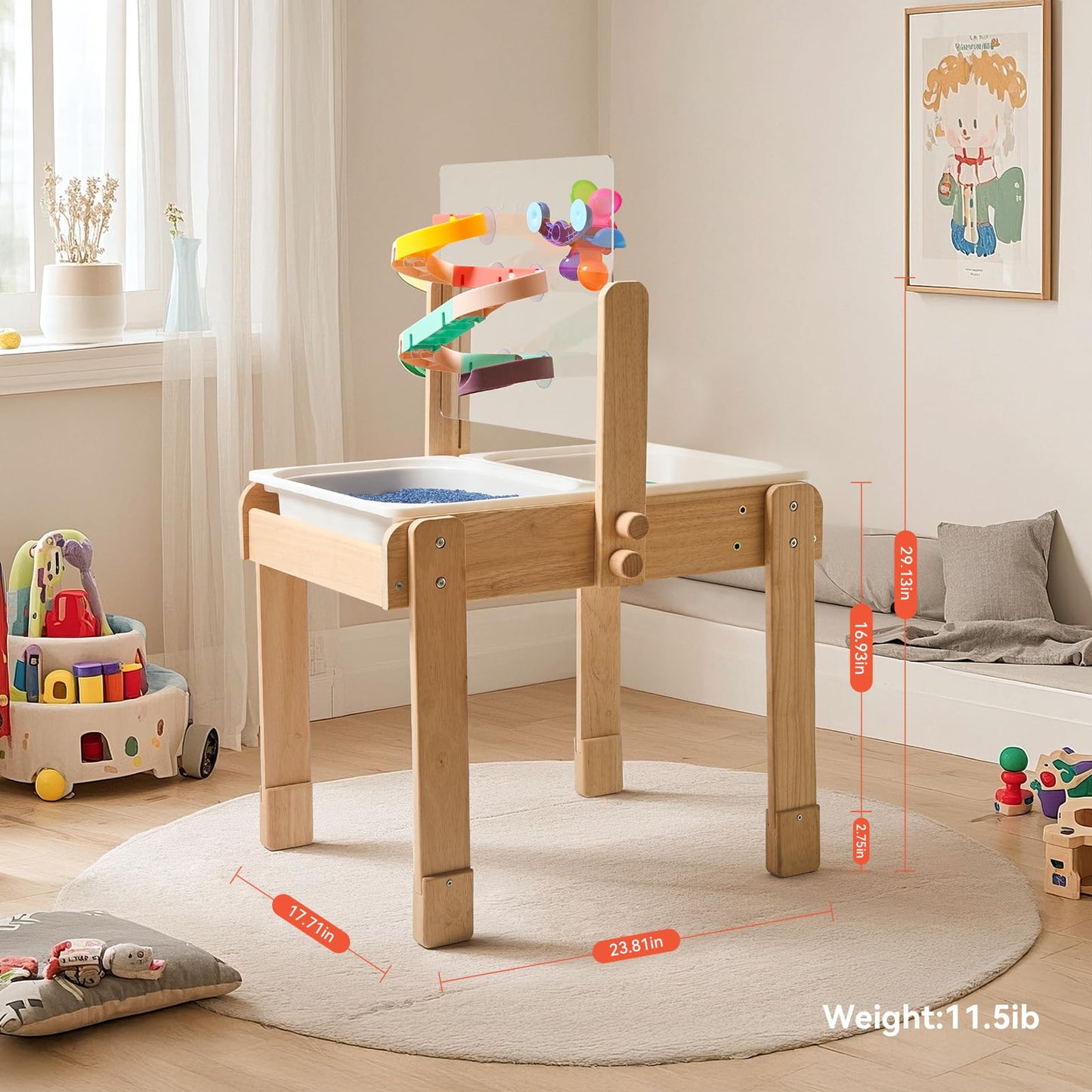 bopoobo Sand and Water Table for Toddlers, 4 in 1 Kids Wooden Sensory Activity Table with 2 Storage Bins, Painting Acrylic Board, Slide Track Toy & Windmill Suction Cups Toy, Beach Accessories