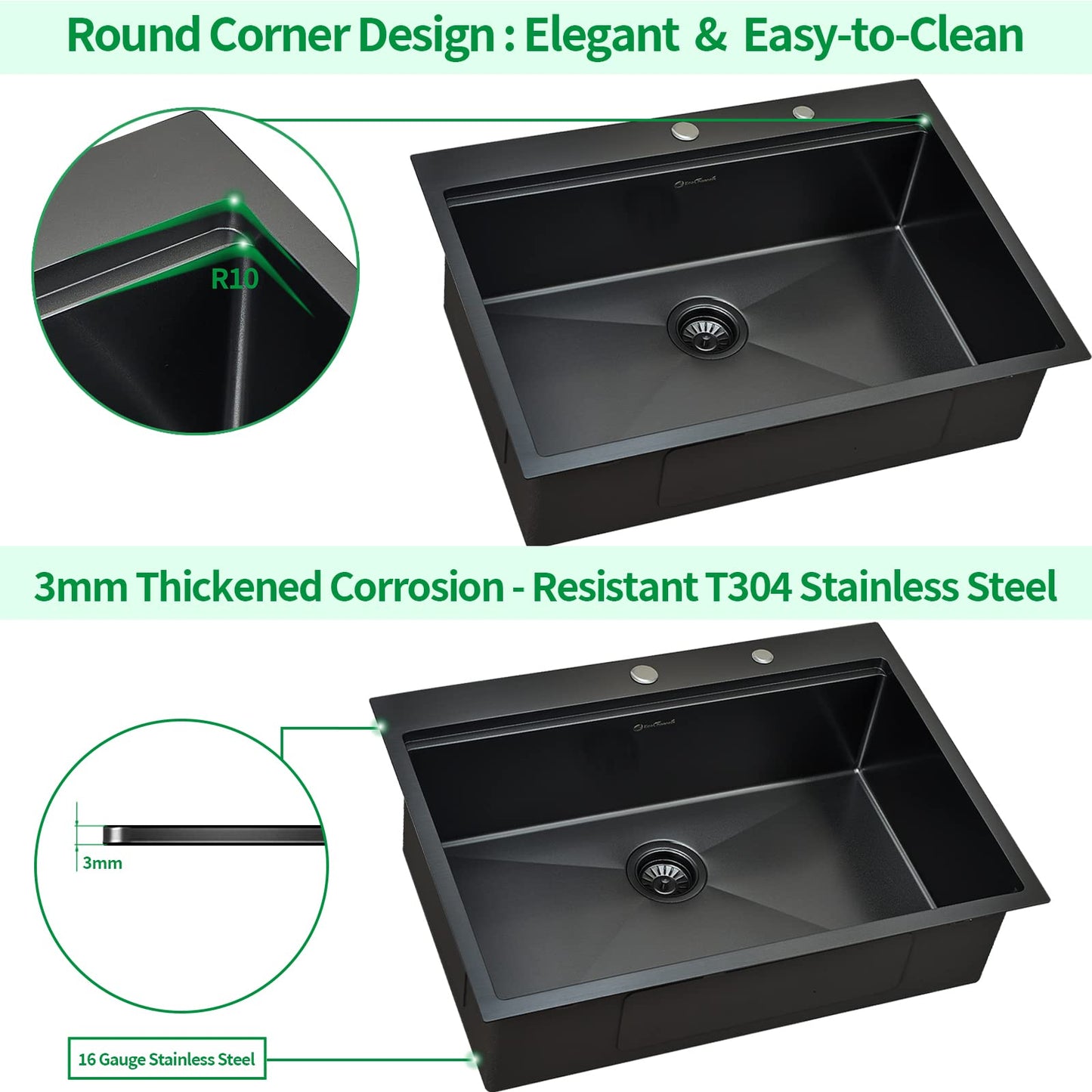 EcoChannels Drop-in Kitchen Sink - Single Bowl Workstation with Cutting Board, 30 x 22 x 10, Gunmetal Black, 16 Gauge Stainless Steel
