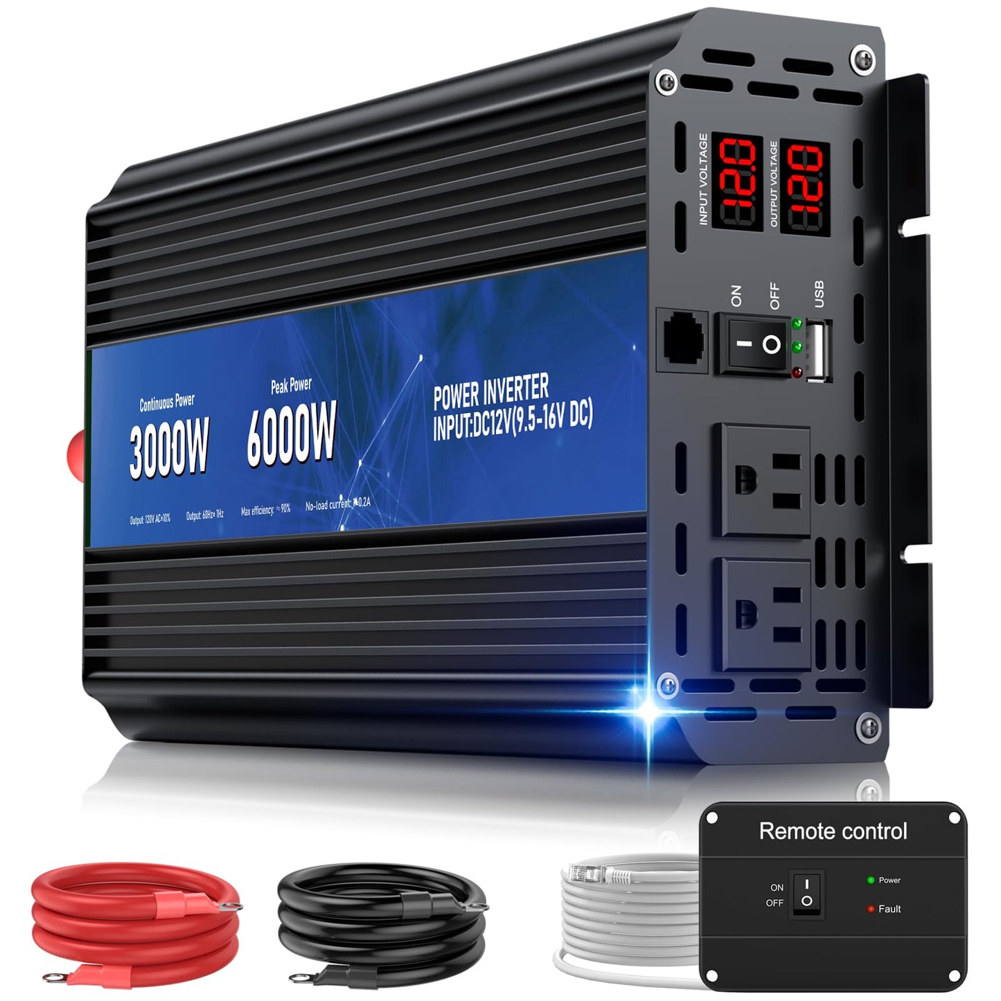 3000W Power Inverter,Peak Power 6000W 12V DC to AC 110V120V,Remote Control with 2AC Outlets and 2.4USB Port,LCD Display for Power Converter,Outdoor Activities,Emergency,Vehicles Truck RV Solar System