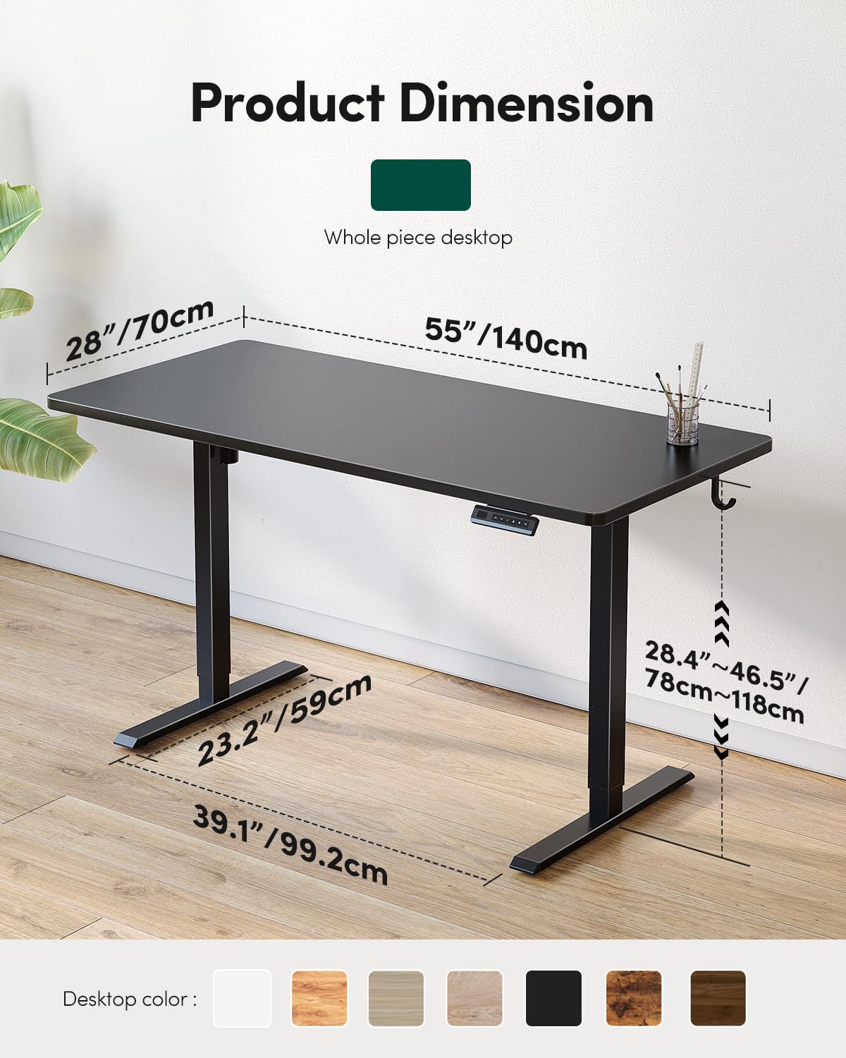 CubiCubi 55 x 24 Large One-Piece Standing Desk, Adjustable Height Electric Computer Home Office Sit Stand up Workstation, with 4 Memory Presets, Headphone Hook, Black
