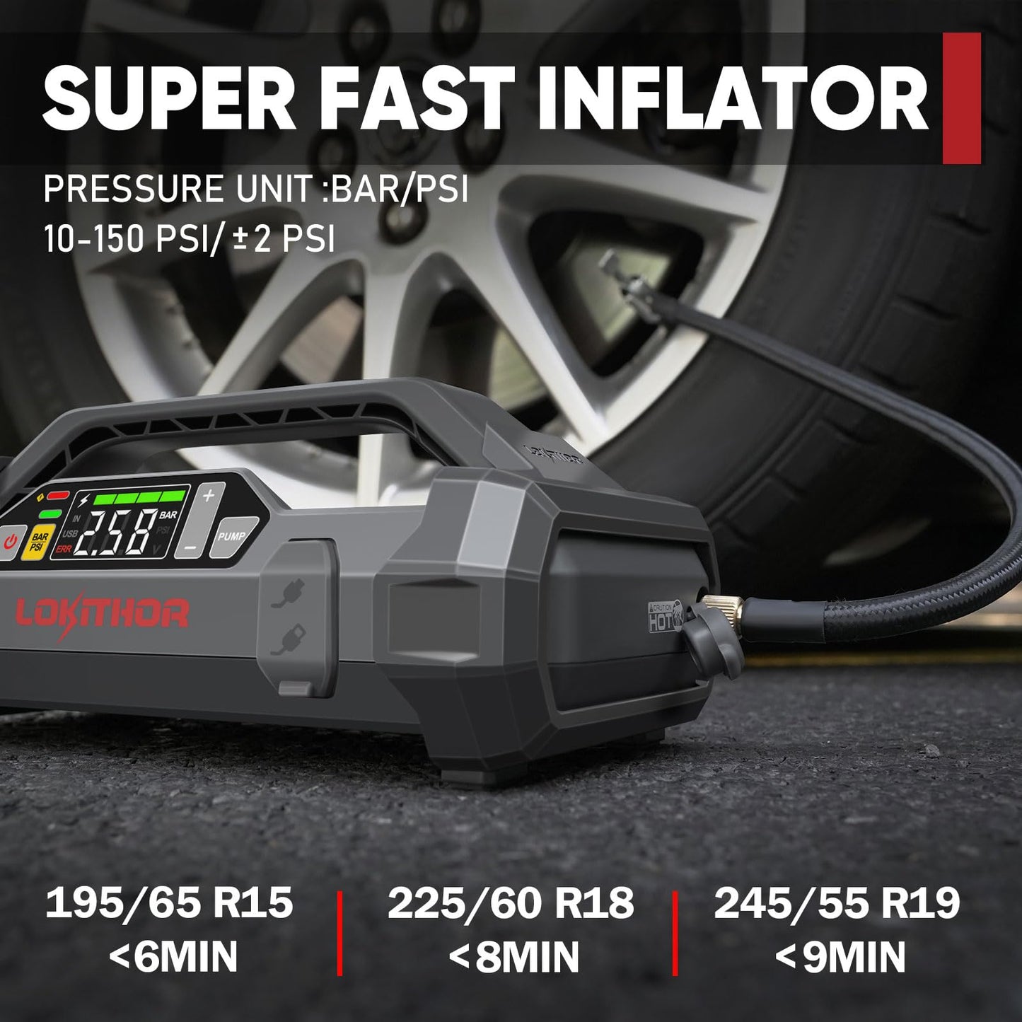 LOKITHOR JA302 2500Amp Jump Starter with 150PSI Air Compressor and AW401 2500Amp Jump Starter with 200PSI Car Washer