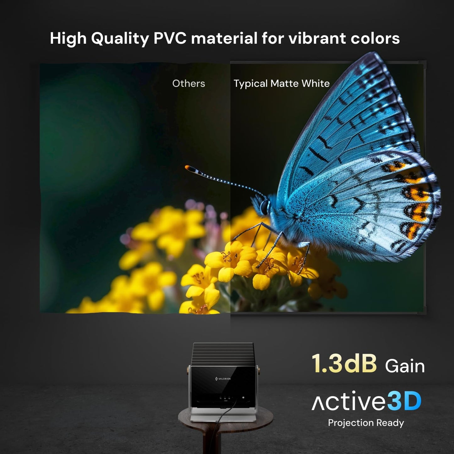 Valerion 120-inch Fixed Frame Projector Screen, 1.3 dB Gain, 80% PQE, 4K/8K Ultra HD, 3D Wall Mount Projector Screen, Works with Long Throw, Short Throw & Ultra Short Throw Projectors