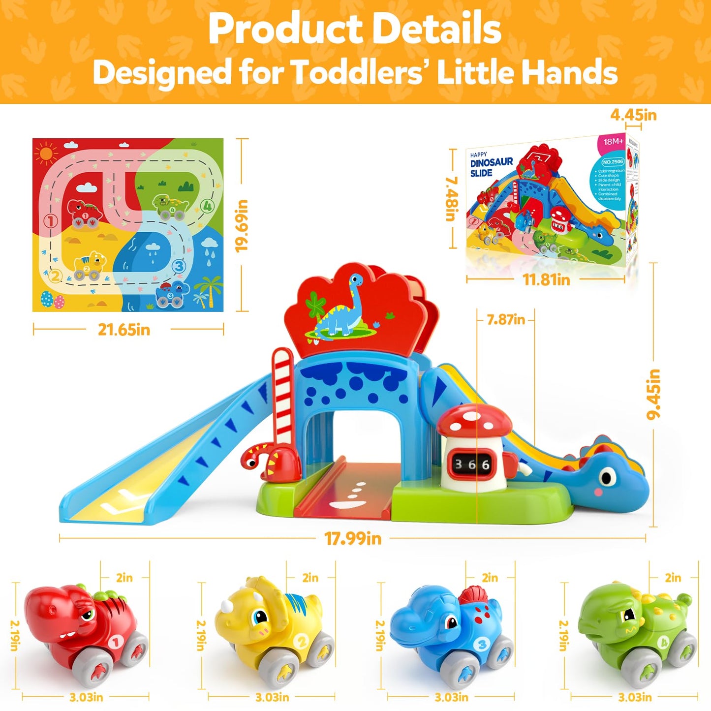 Toddler Toys for 1 2 Year Old Boy Gifts - Educational Dinosaur Slide Set with 4 Color/Number Push Cars and Playmat, Montessori Learning Toy for Baby 12-18 Months, 1st Birthday Present Ages 1-2, Red