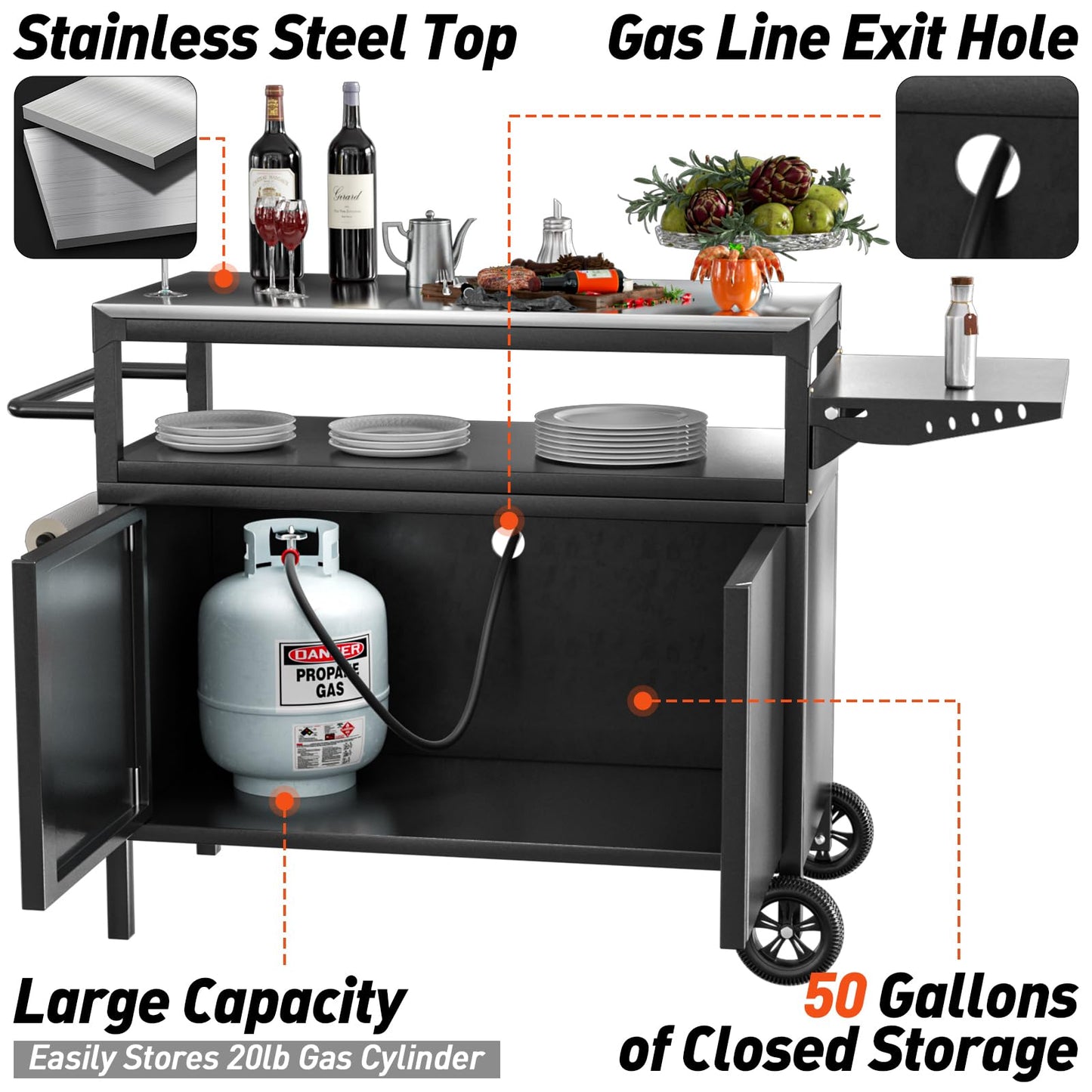 MUHYHY Outdoor Grill Table with Storage, Movable Outdoor Grill Cart, Stainless-Steel Tabletop Outdoor Kitchen Island, Patio Kitchen Island BBQ Cart with Wheels for Home BBQ Backyard Party