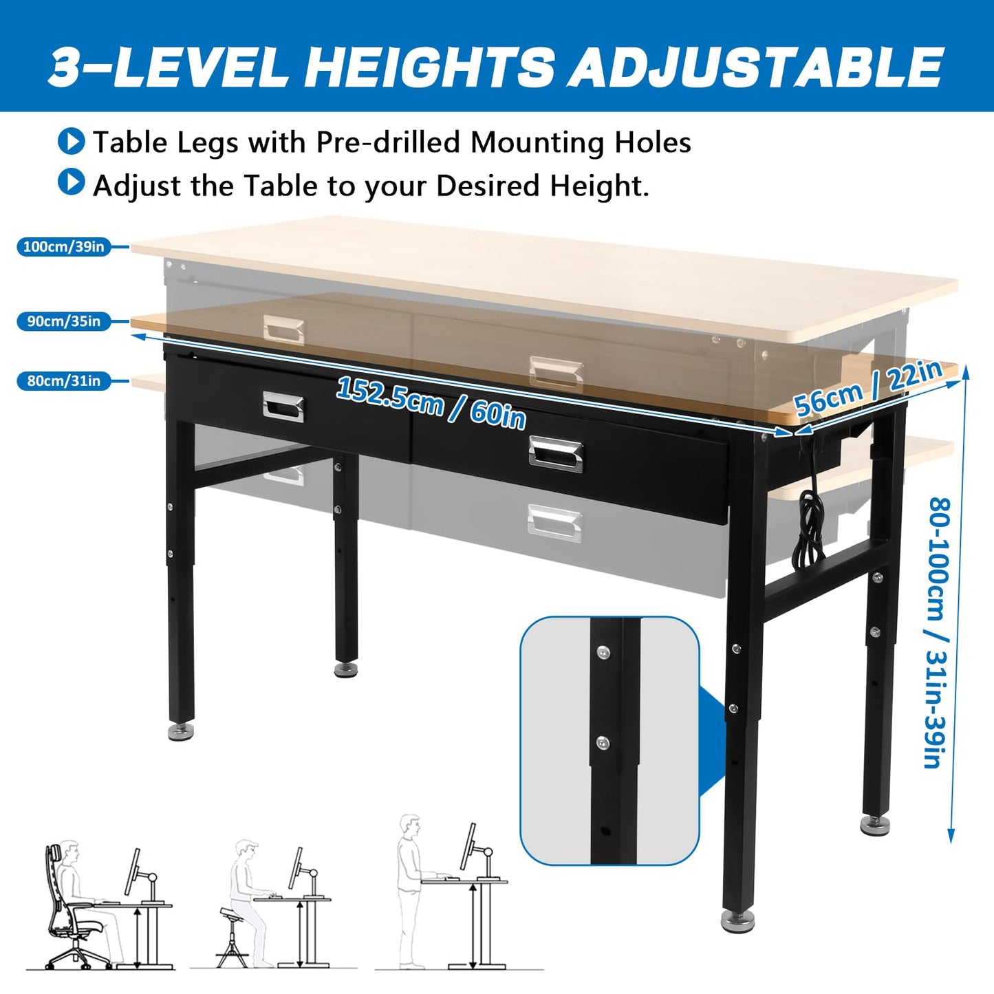 Workbenche with Drawers,60'' Workbench with Power Outlet for Garage,2700 Lbs Capacity Adjustable Workbench,Heavy Duty Table for Workshop Office Home Commercial