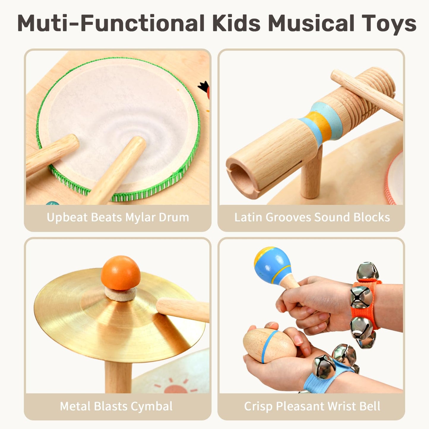 WINGYZ 11-in-1 Toddler Drum Set-Wooden Baby Musical Instruments & Montessori Musical Toys for Toddlers 1-3, Music Table with Bongo Drums, Cymbals, Maracas & Wrist Bells for Early Rhythm Play