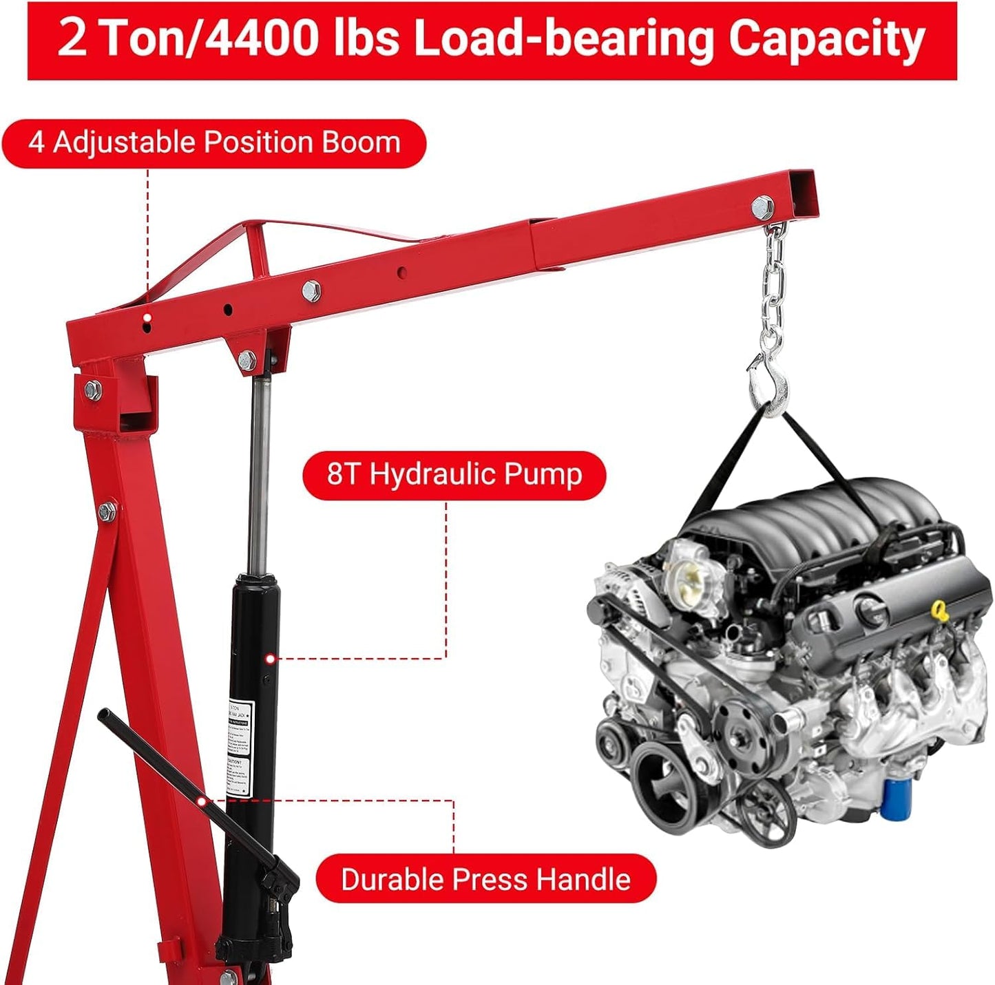 EliteEdge 2-Ton Folding Engine Hoist Cherry Picker 4400 Lb Capacity Hydraulic Shop Crane with Telescoping Boom 6 Caster Wheels for Automotive Repair Garage Use Includes Hitch and Storage Stand Red