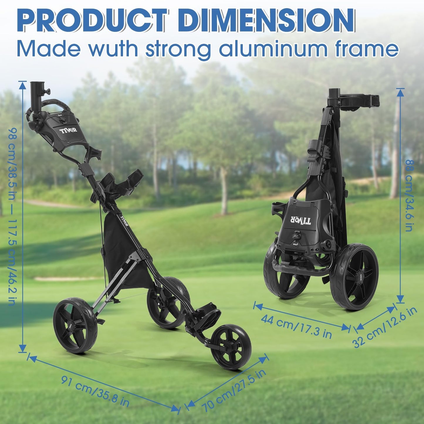 3 Wheel Golf Push Cart,Lightweight Golf Pull Cart with Quad-Fold Frame,and Cleaning Kit Golf,Cooler Bag,Cup/Phone/Umbrella Holder Compact Golf cart-black