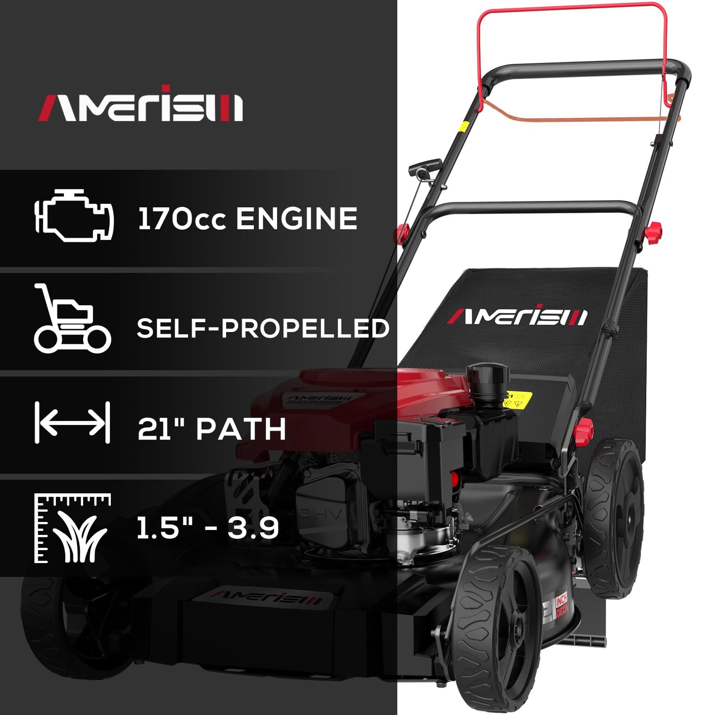 AMERISUN Self Propelled Gas Lawn Mower, 21" with 170cc 4-Cycle OHV Engine 3-in-1 RWD Self-Propelled Lawn Mower (AV8621S1)