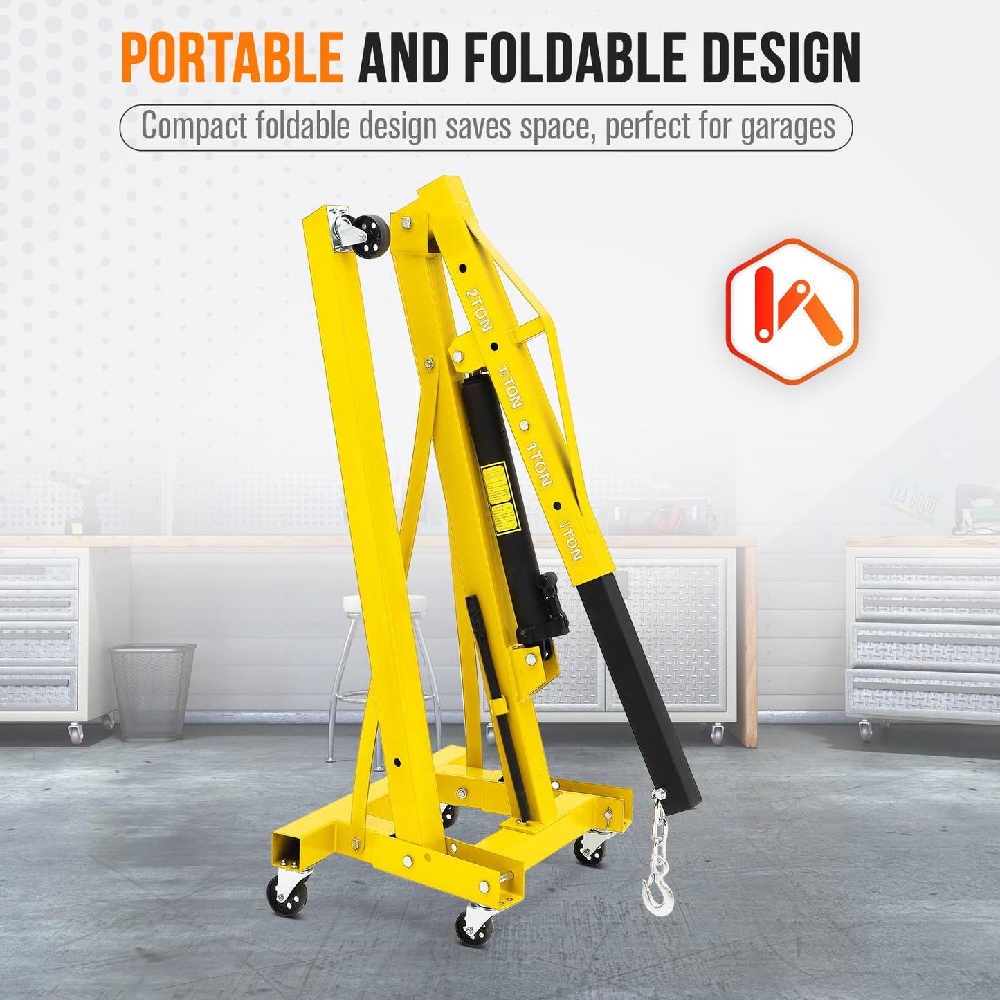 MilleLoom 2 Ton Hydraulic Engine Hoist, Cherry Picker Engine Hoist, 4400LBS Foldable Garage Crane Lifter w/Telescopic Boom & 6 Swivel Casters for Workshop, Warehouse, Auto Repair