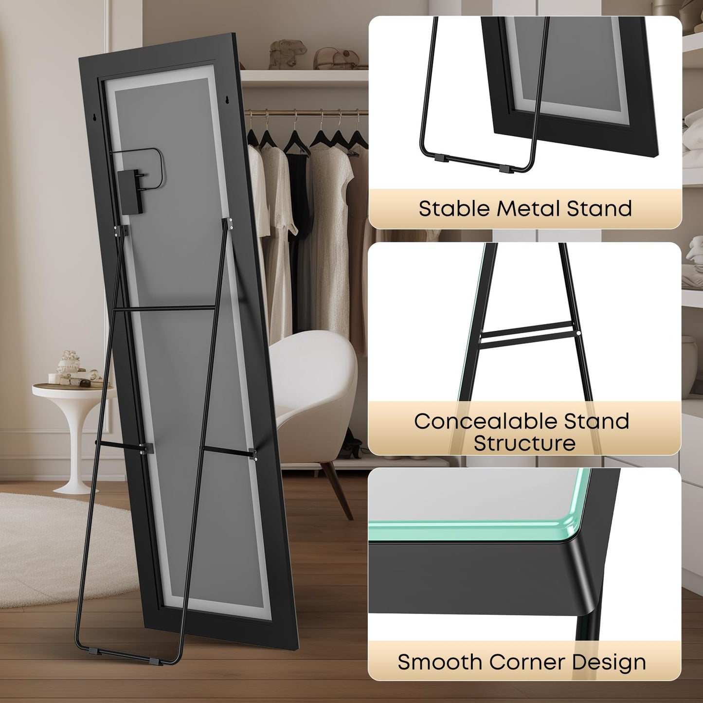 Kosmonia 65x22 Frameless Full Length Mirror, Dimmable 3 Color LED Light w/Memory Function, Distortion Free, HD Reflection & Anti Desilvering, Tempered Glass & Shatter Proof Film Doubling Safety